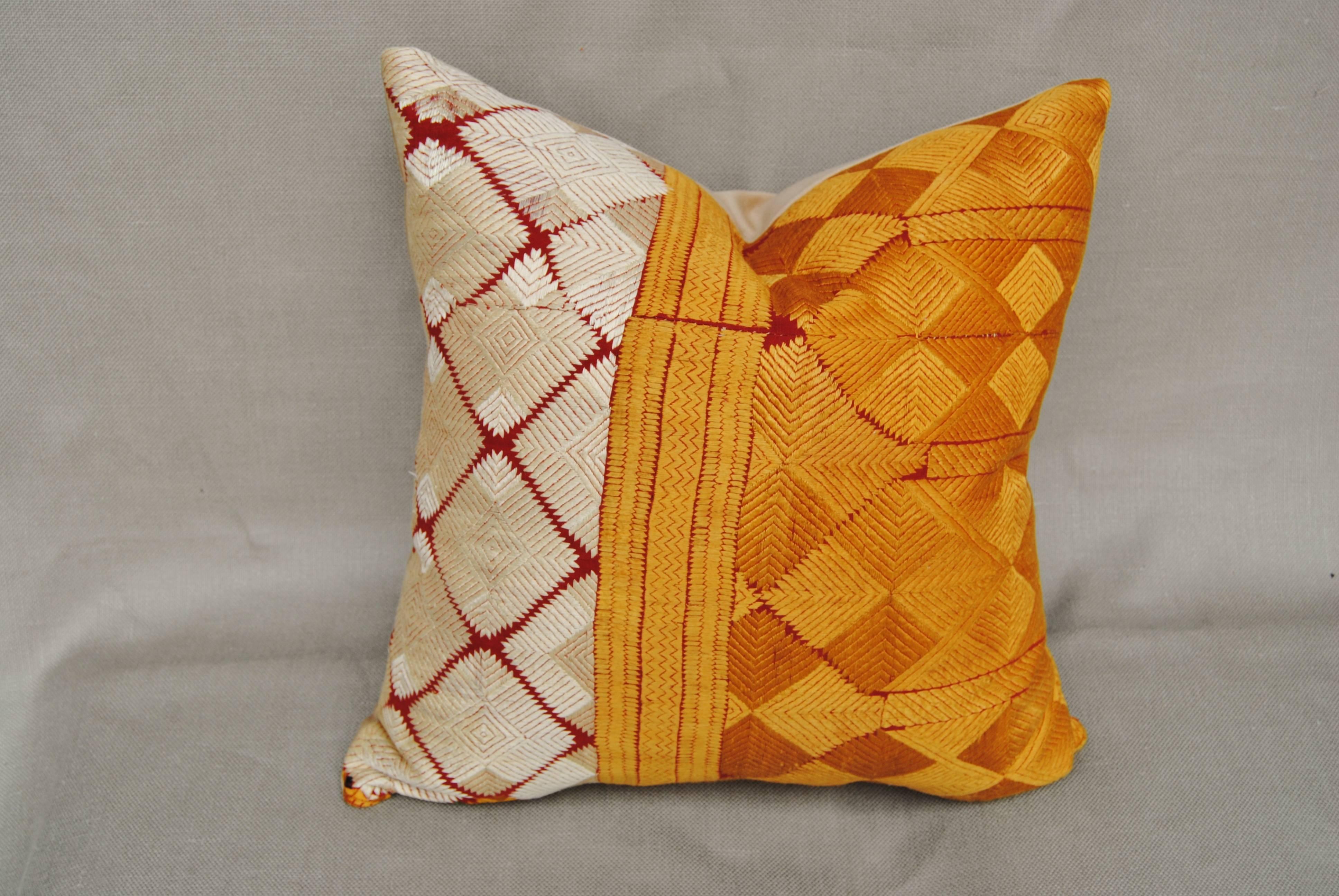 Custom pillow cut from a vintage hand embroidered Phulkari Bagh wedding shawl from Punjab, India. The very rare 