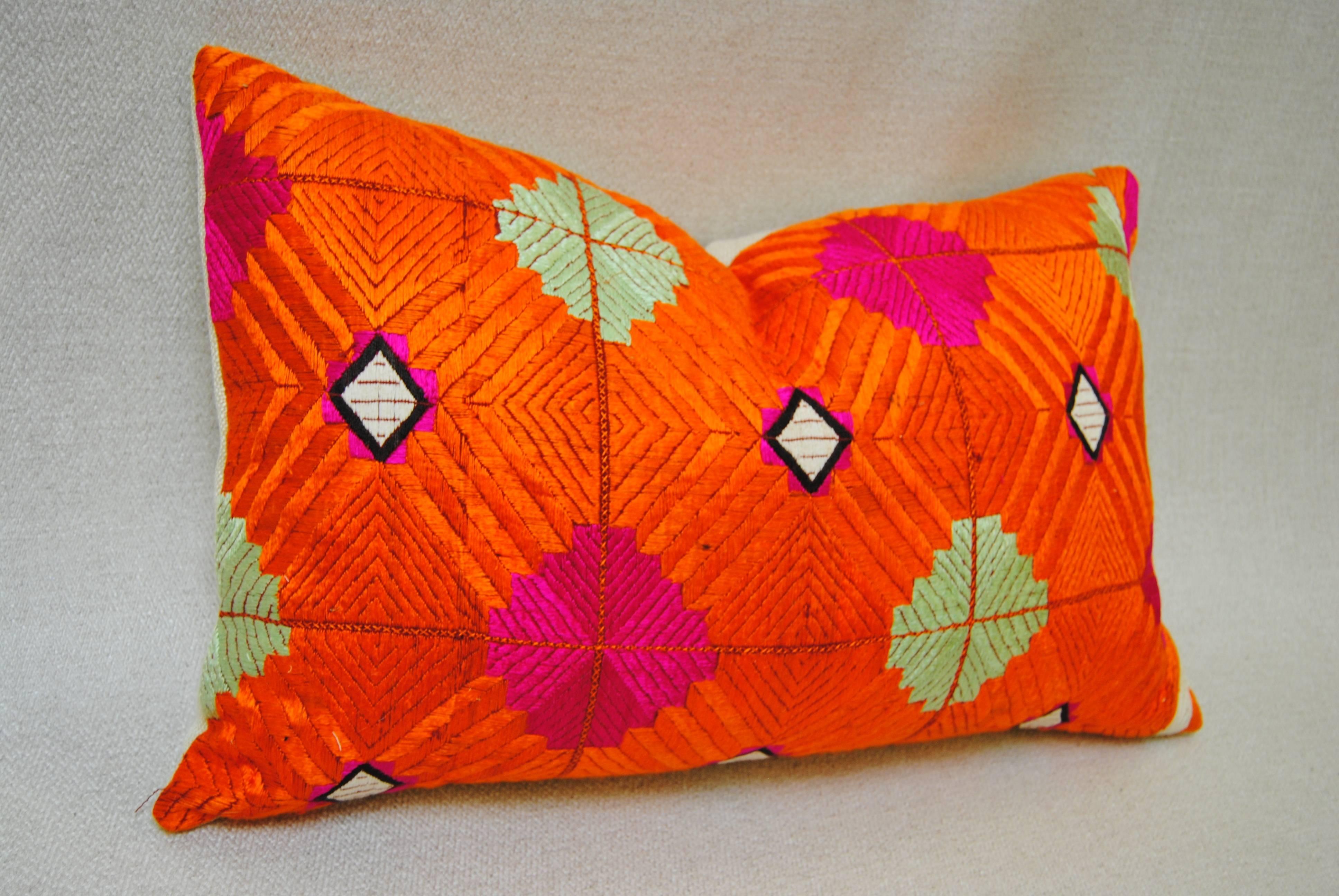 Phulkari Bagh Silk Embroidered Vintage Wedding Shawl Pillow, Punjab, India In Good Condition For Sale In Glen Ellyn, IL
