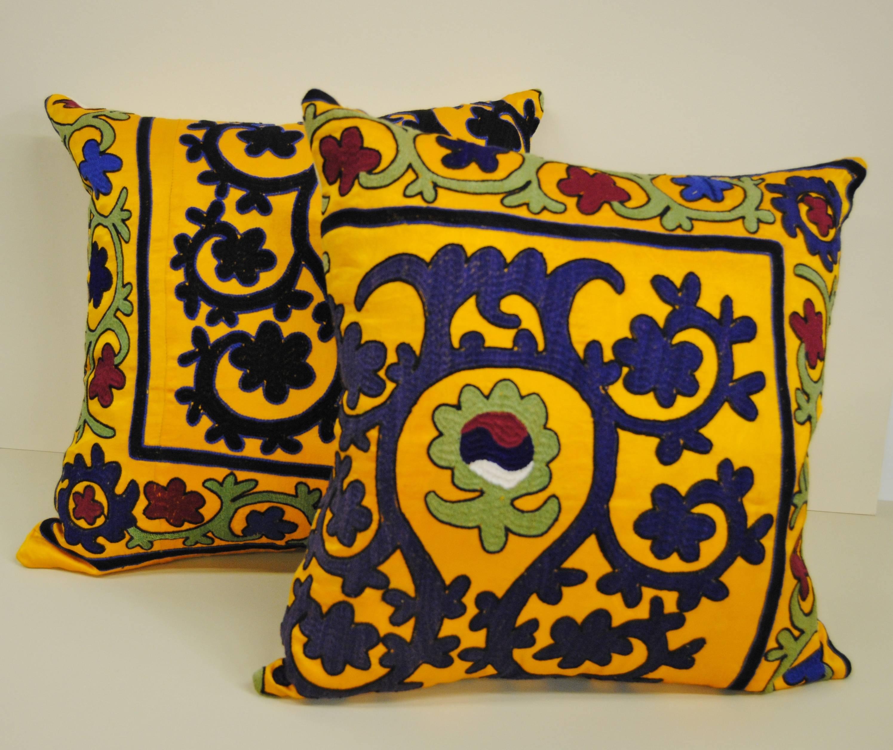 20th Century Hand Embroidered Silk or Cotton Uzbekistan Textile Pillow For Sale