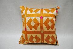 Golden Silk Embroidered Phulkari Bagh Pillows, Punjab, India