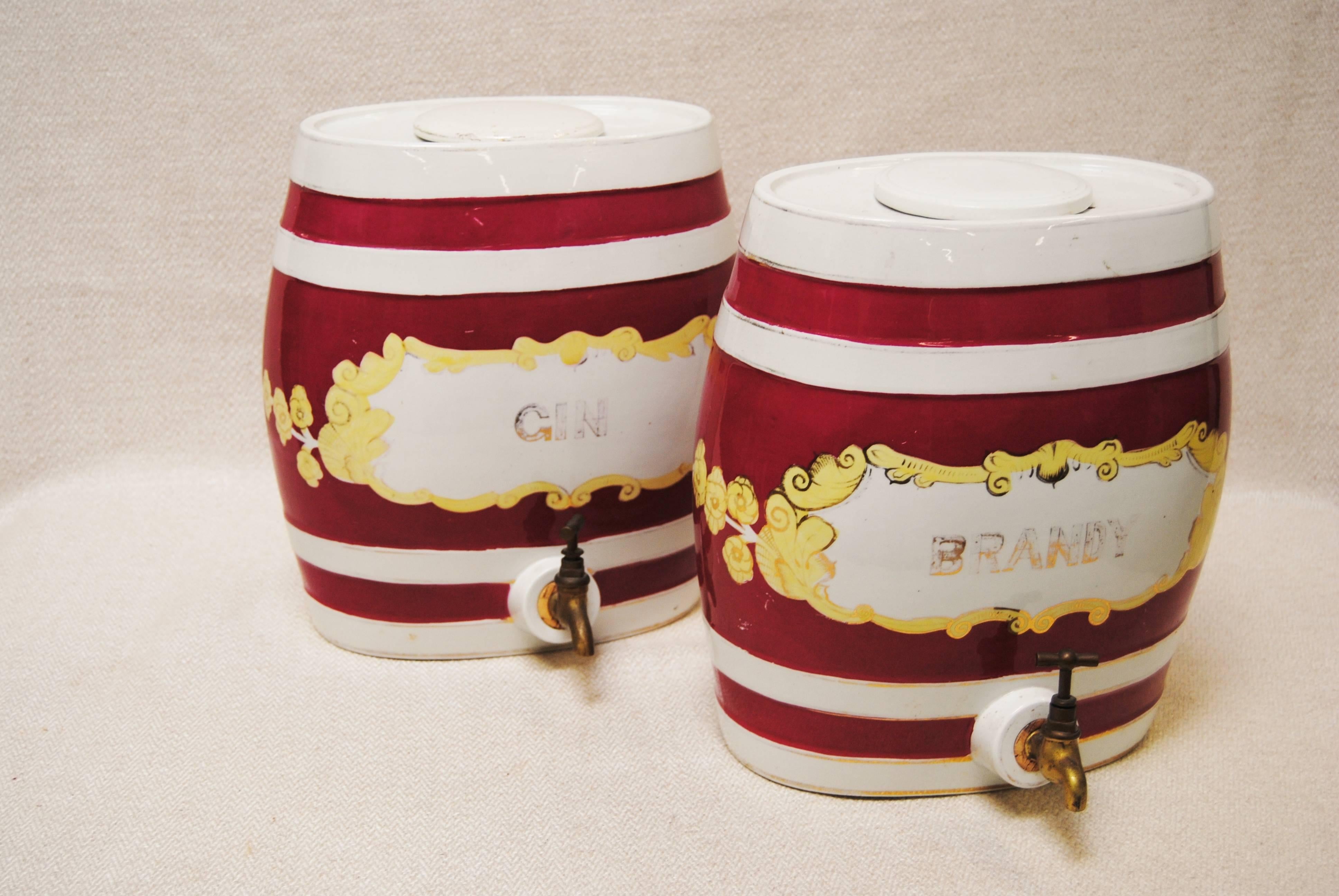 Antique English ceramic gin and brandy kegs with spout and lids.  Priced individually.