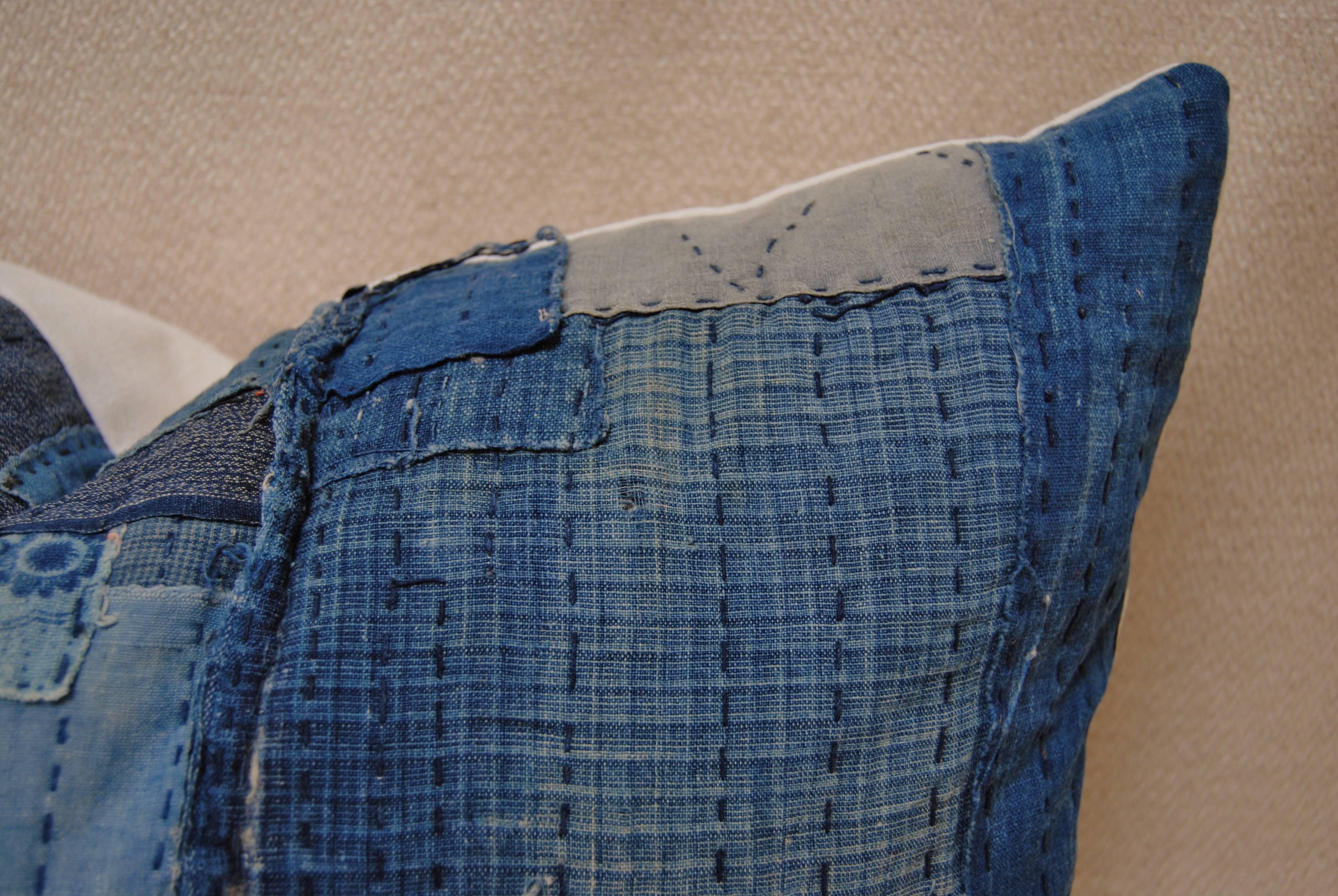 20th Century Antique Japanese Boro Pillow, Indigo Cotton with Sashiko Stitching