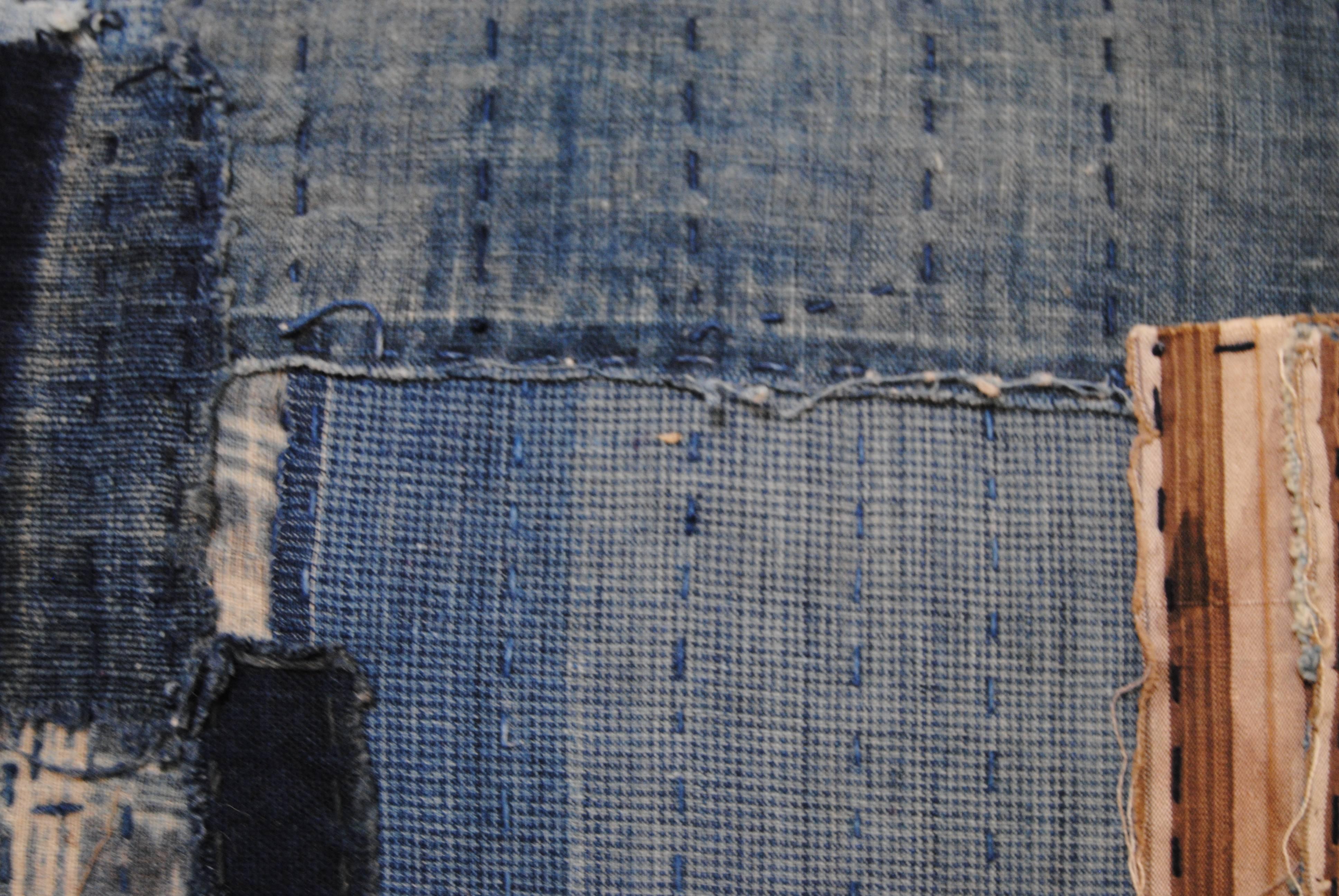 20th Century Antique Japanese Boro Pillow, Indigo Hand Loomed Cotton with Sashiko Stitching
