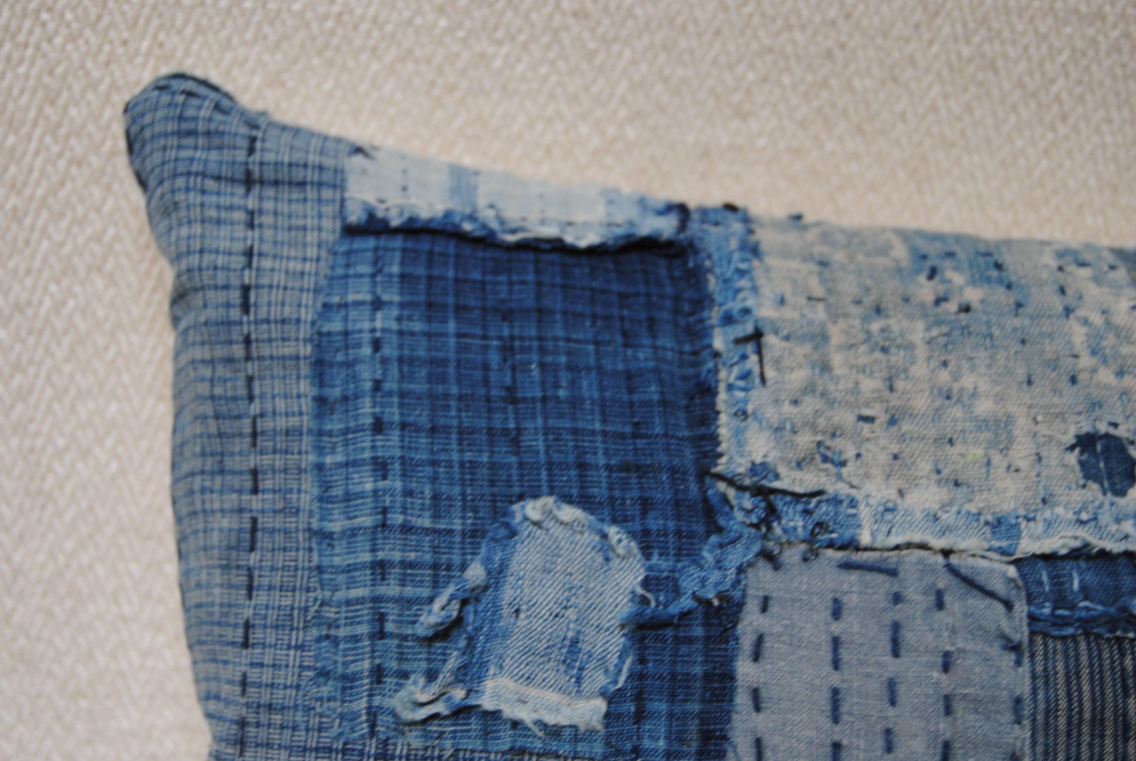 Antique Japanese Boro Pillow, Indigo Hand Loomed Cotton with Sashiko Stitching 1