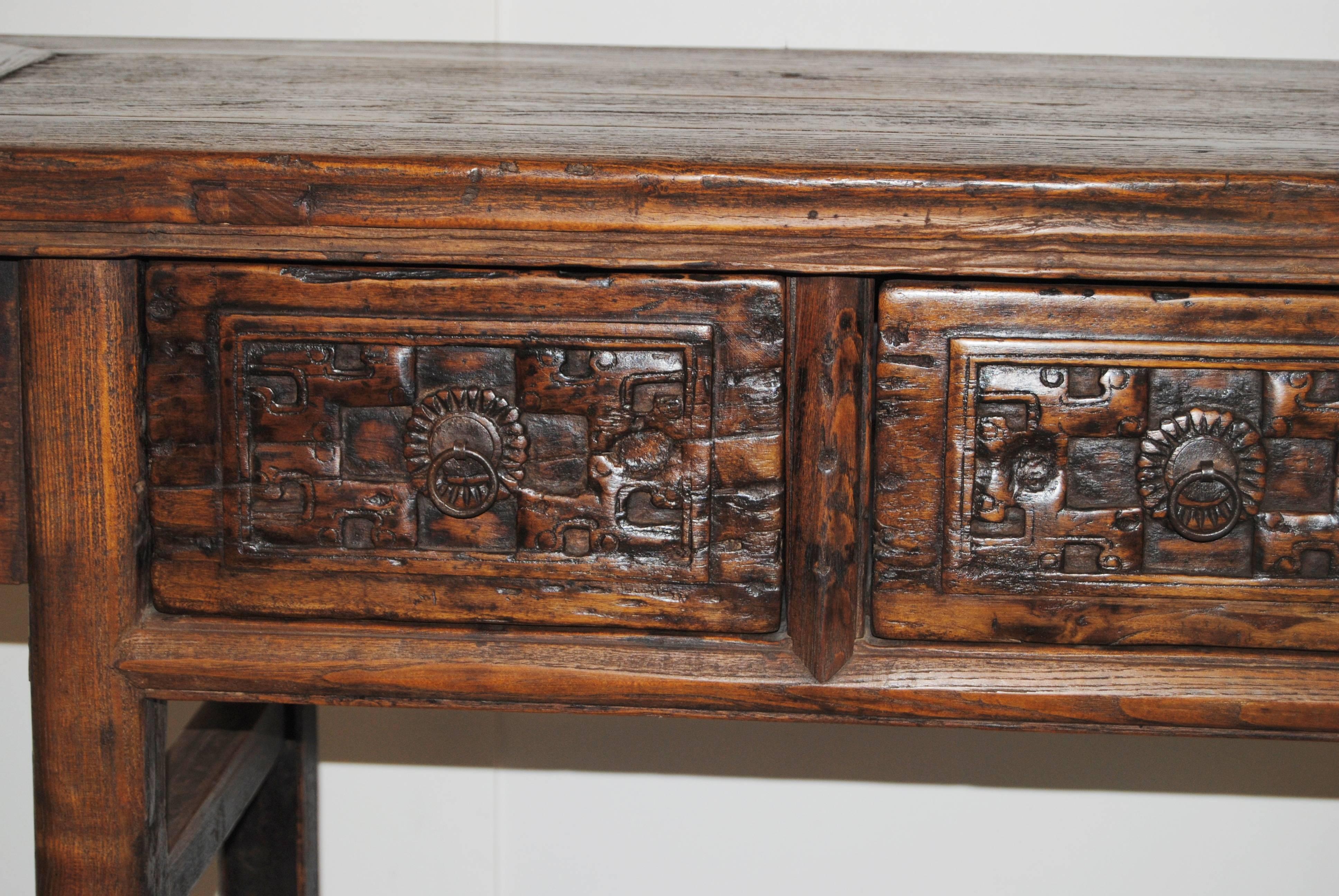 Antique Chinese Elmwood Table with Hand-Carved Drawers, Mid-19th Century 1