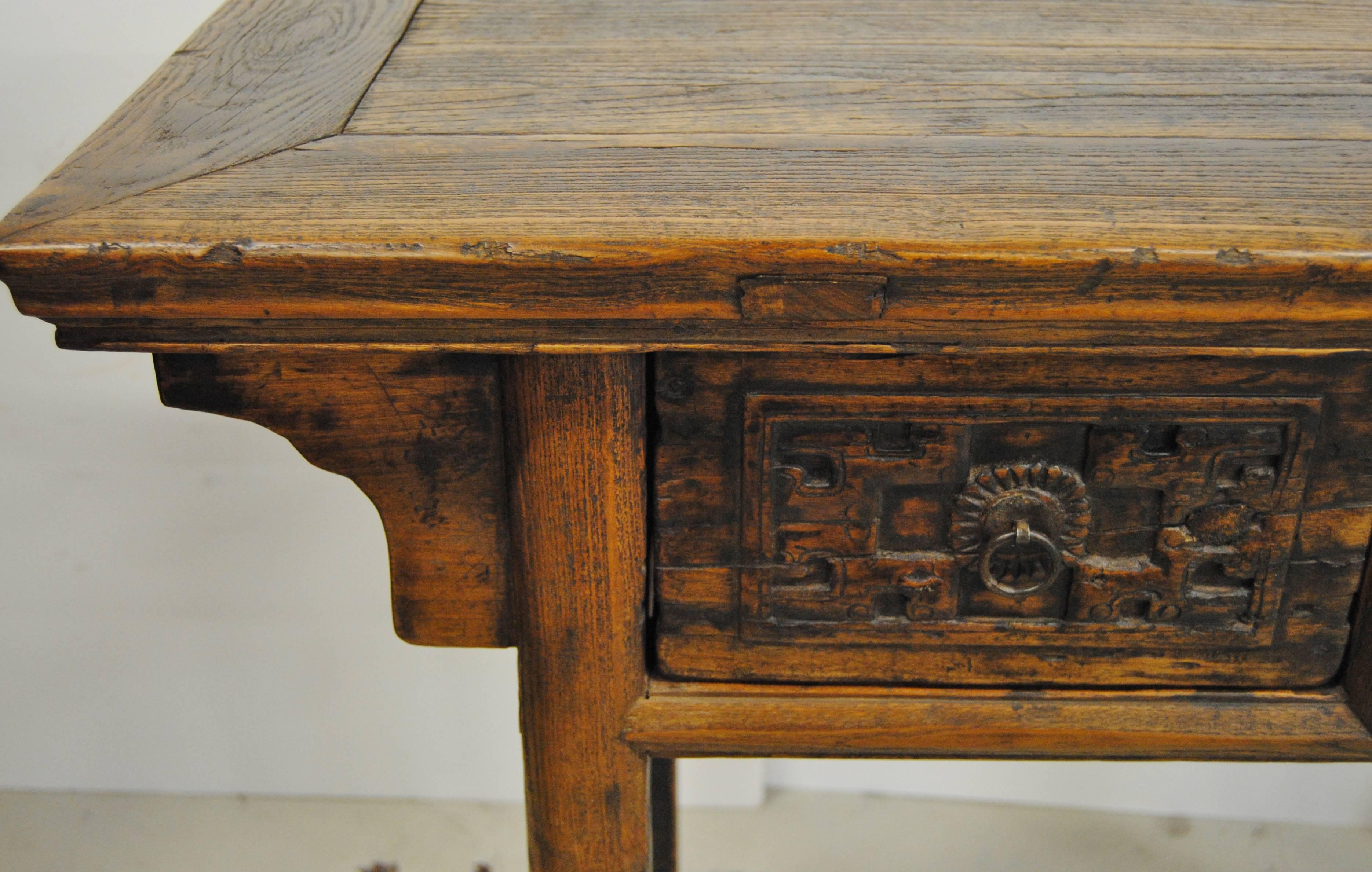 Antique Chinese Elmwood Table with Hand-Carved Drawers, Mid-19th Century In Good Condition In Glen Ellyn, IL