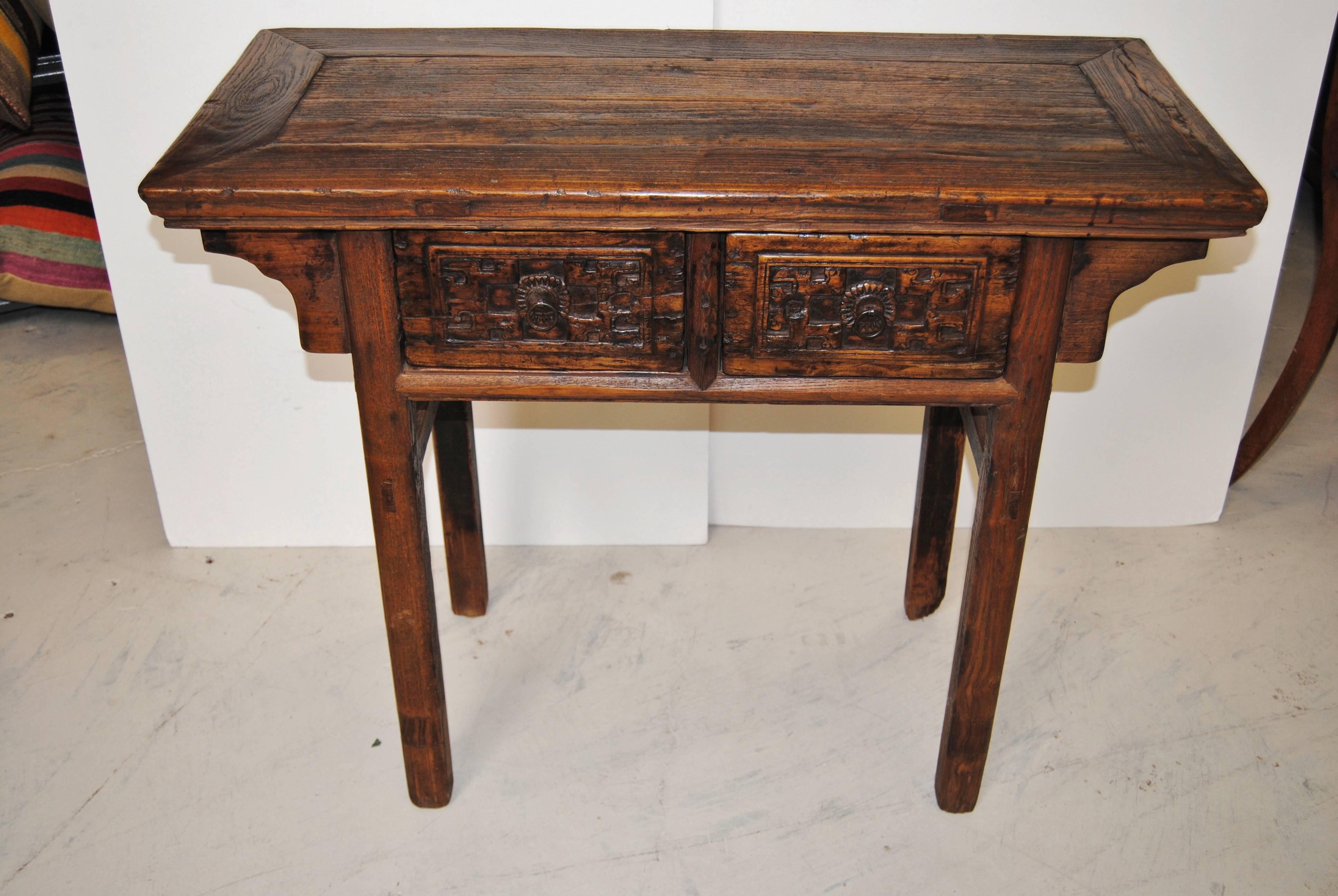 Wood Antique Chinese Elmwood Table with Hand-Carved Drawers, Mid-19th Century