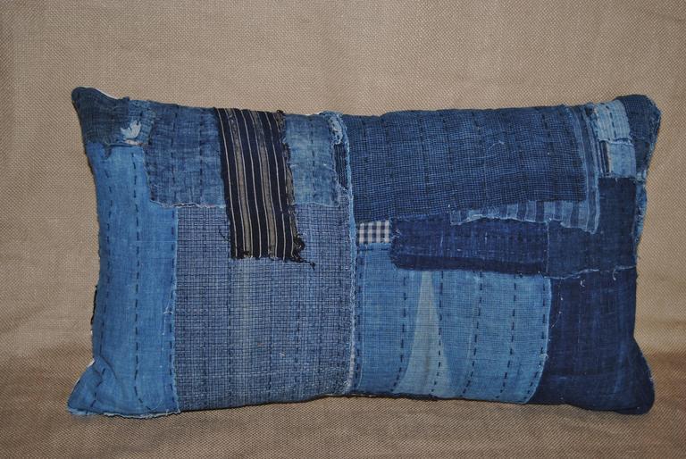 Antique Japanese Hand Loomed Indigo Boro Pillow with Sashiko Stitching