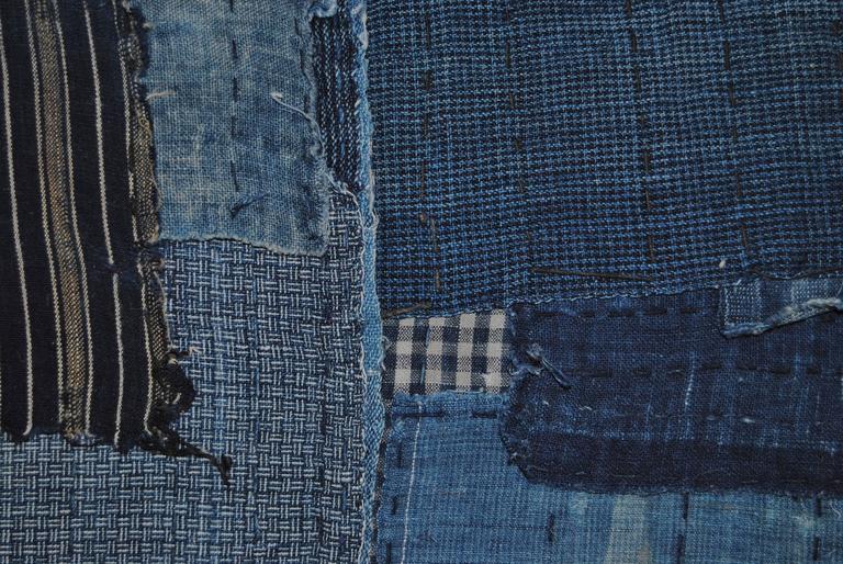 Antique Japanese Hand Loomed Indigo Boro Pillow with Sashiko Stitching