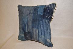 Antique Japanese Indigo Cotton Boro Pillow with Sashiko Stitching
