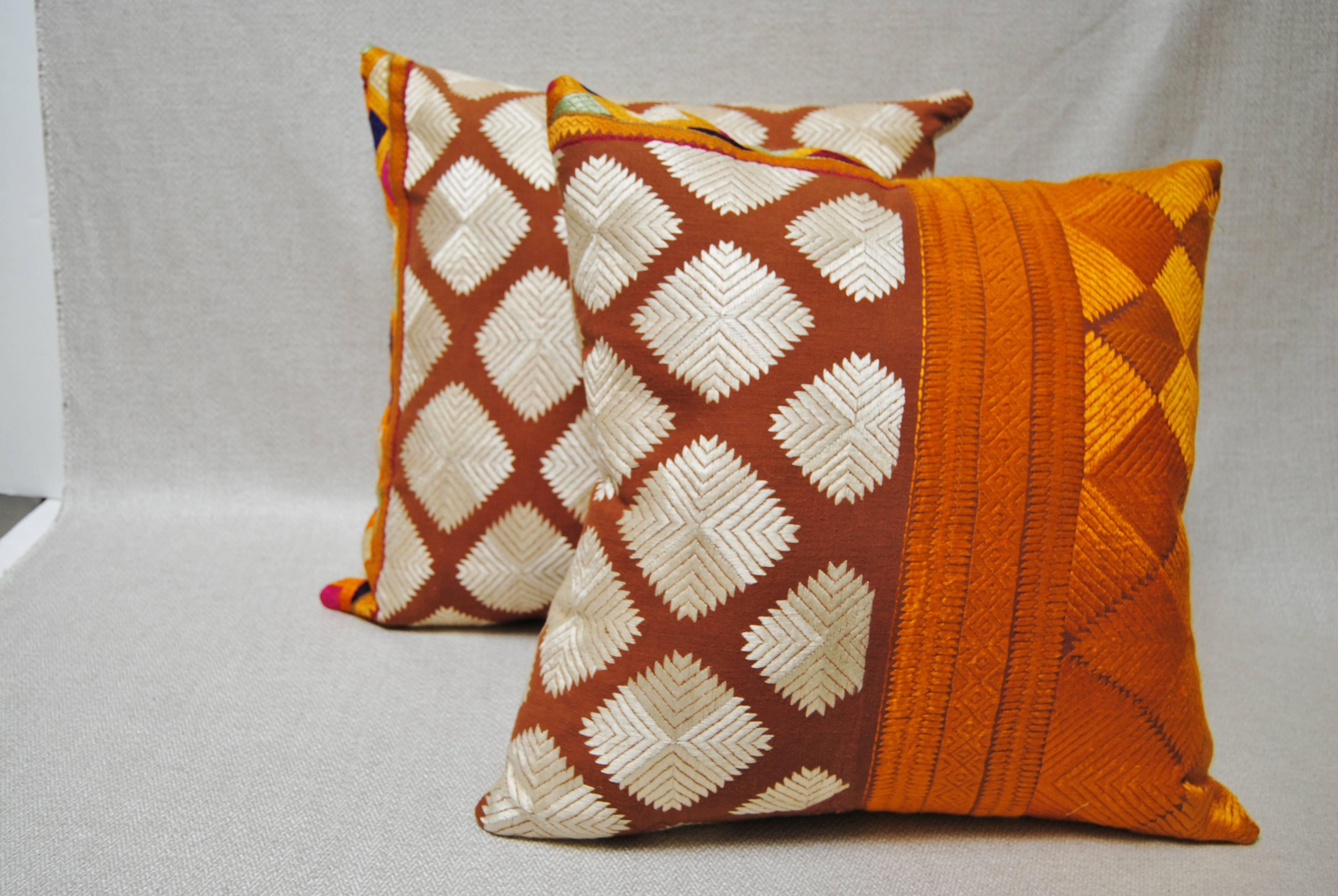 20th Century Custom Pillow Cut from a Vintage Phulkari Wedding Shawl from Punjab, India For Sale