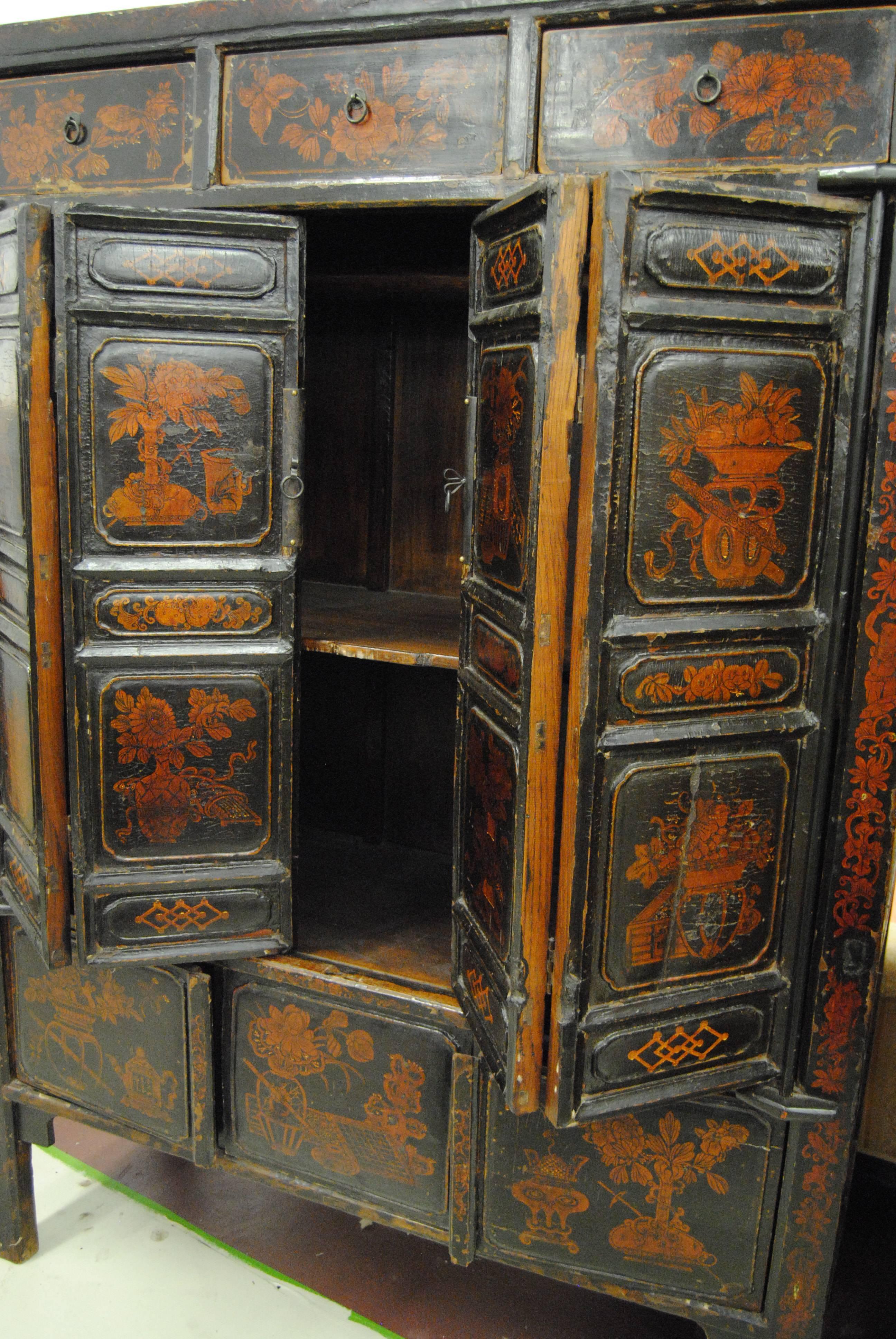Wood Antique Large Chinese Armoire with Original Lacquer, Shanxi Province, Early 1800