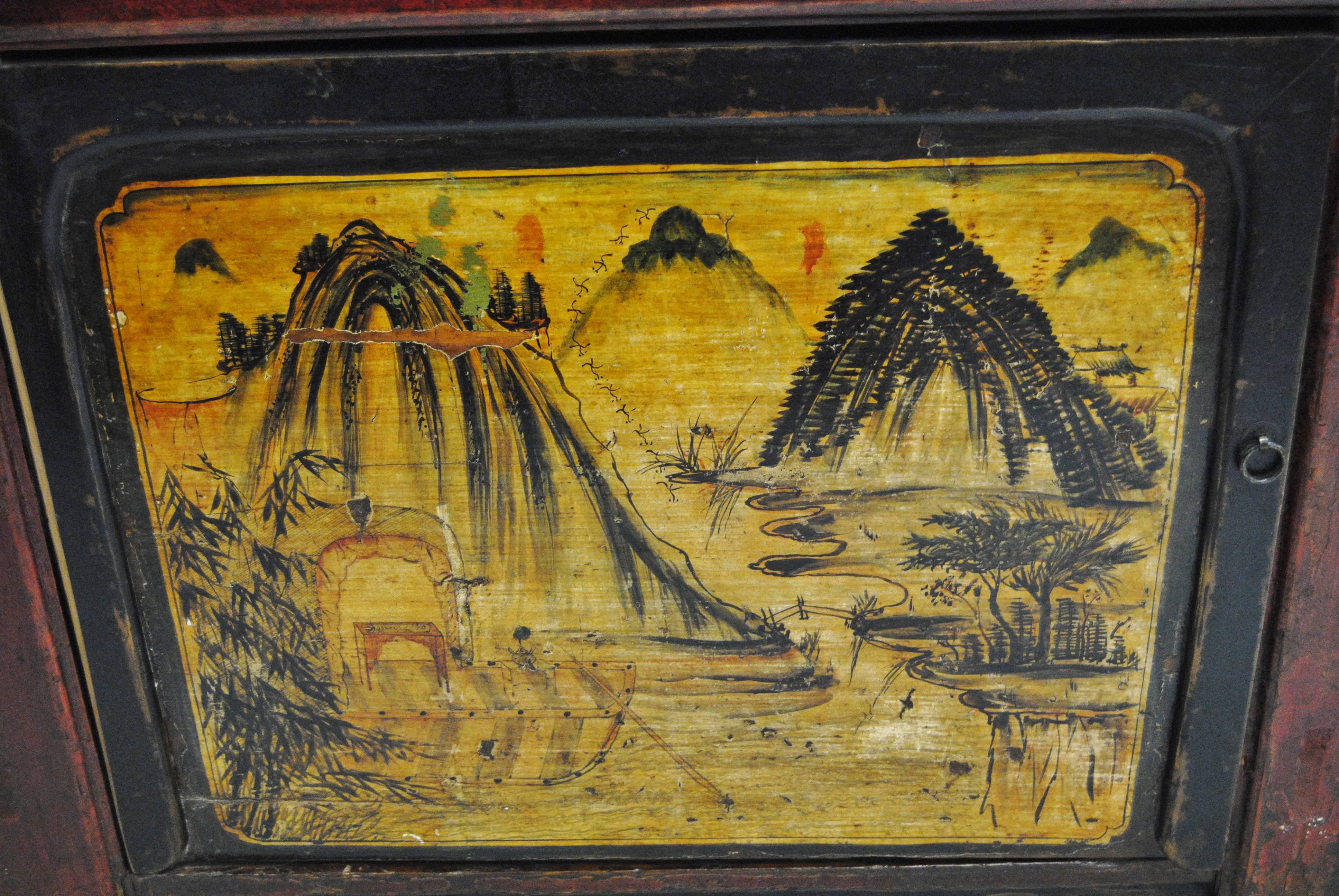 Antique Western Chinese Cabinet with All Original Artwork In Good Condition In Glen Ellyn, IL
