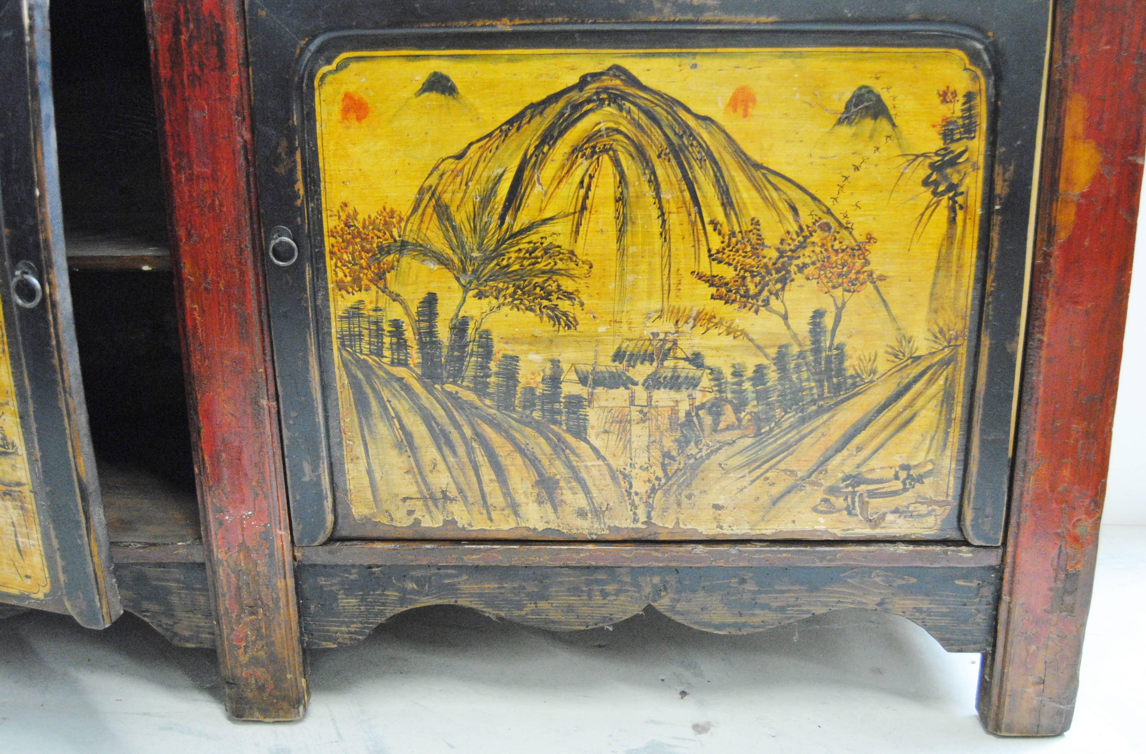 Wood Antique Western Chinese Cabinet with All Original Artwork