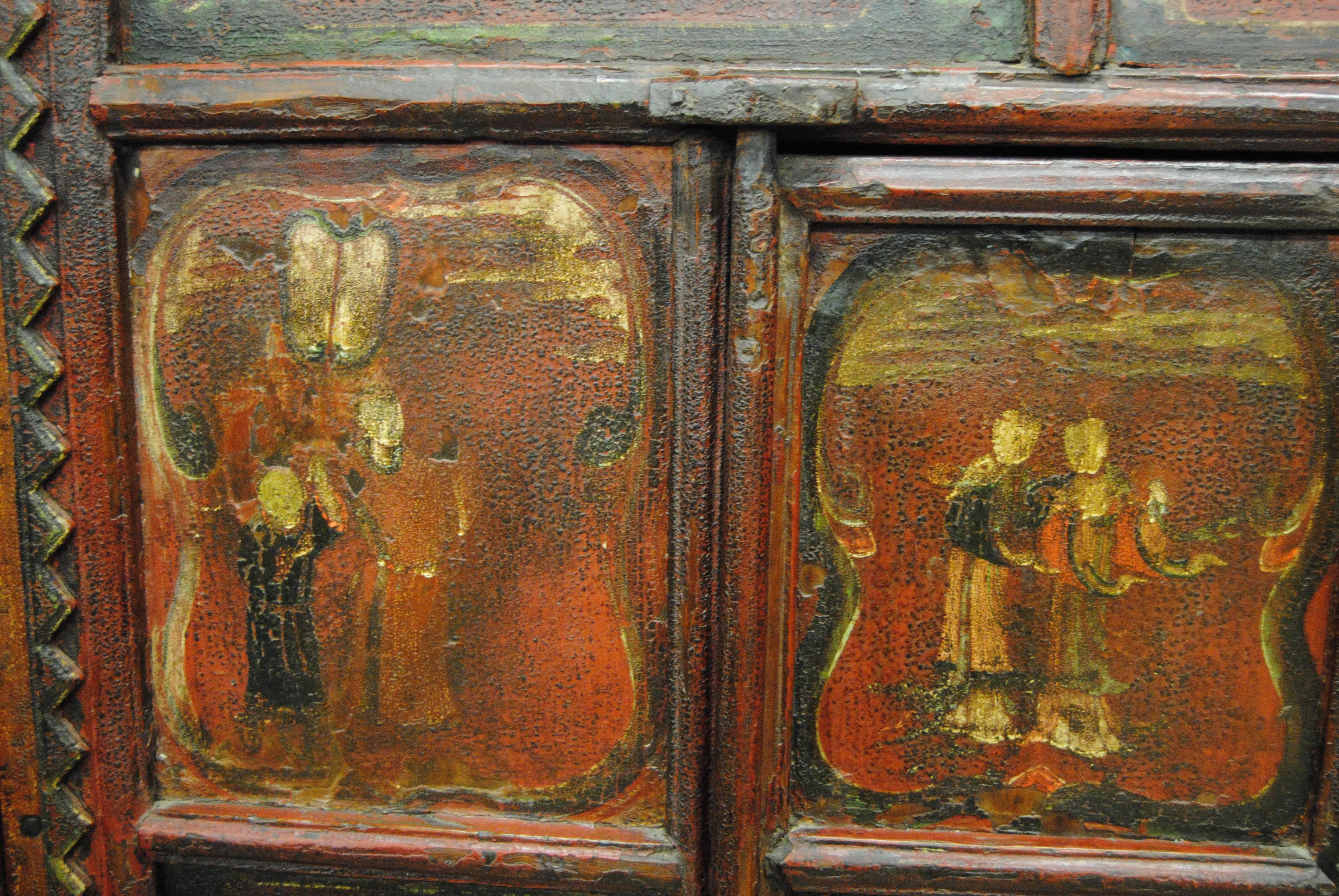 Lacquered Antique Chinese Elmwood Armoire, Shanxi Province, 19th Century For Sale