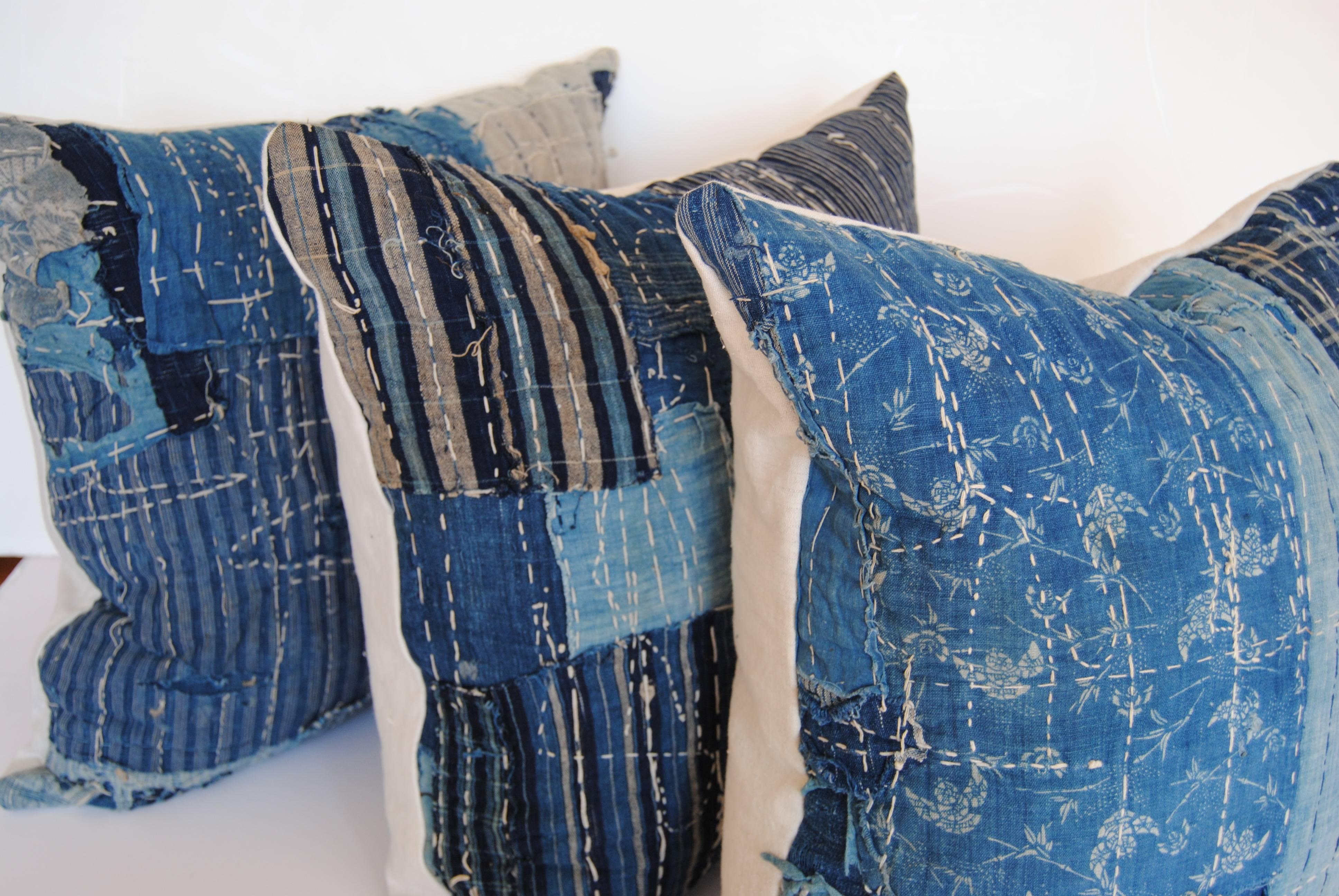 Custom Antique Japanese Indigo Boro Pillow with Sashiko Stitching For Sale 1