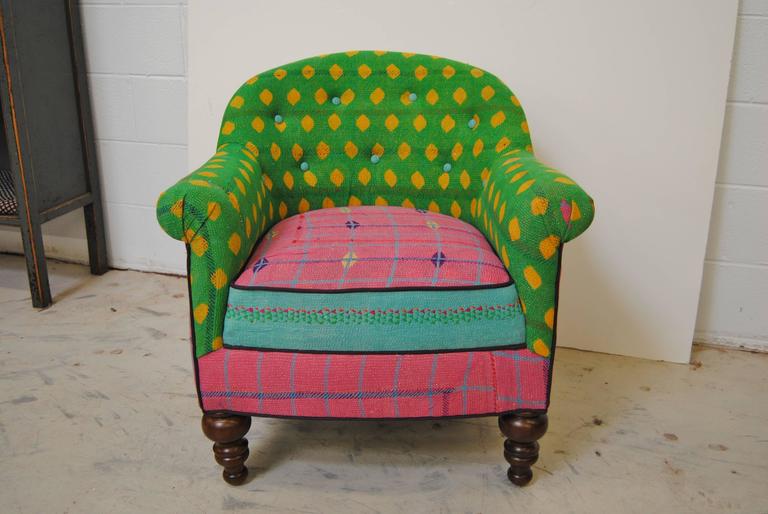 Vintage French Chair Newly Upholstered in Vintage Kantha Quilts from India at 1stDibs
