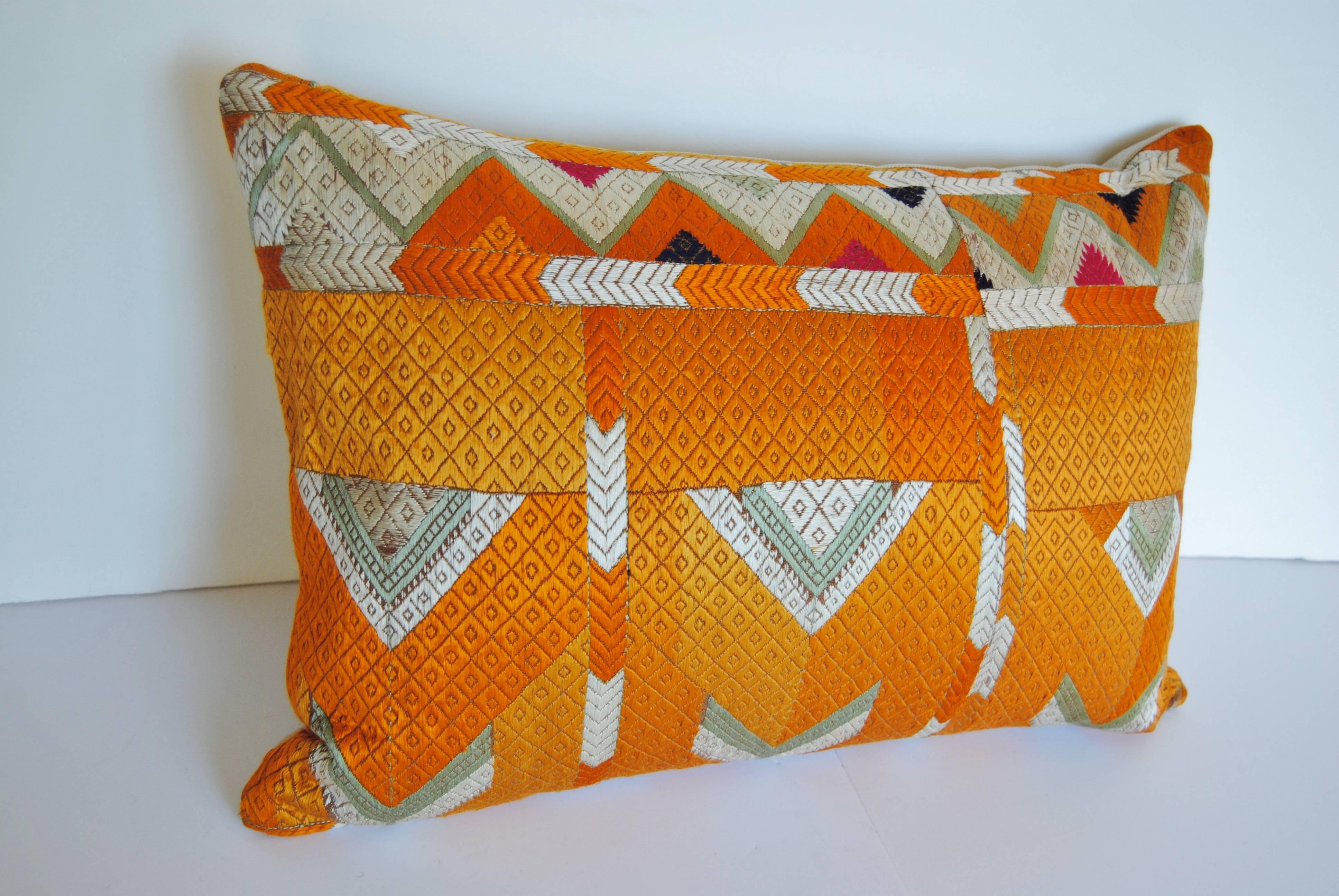 20th Century Custom Pillow Cut from a Vintage Silk Embroidered Phulkari Bagh Wedding Shawl For Sale