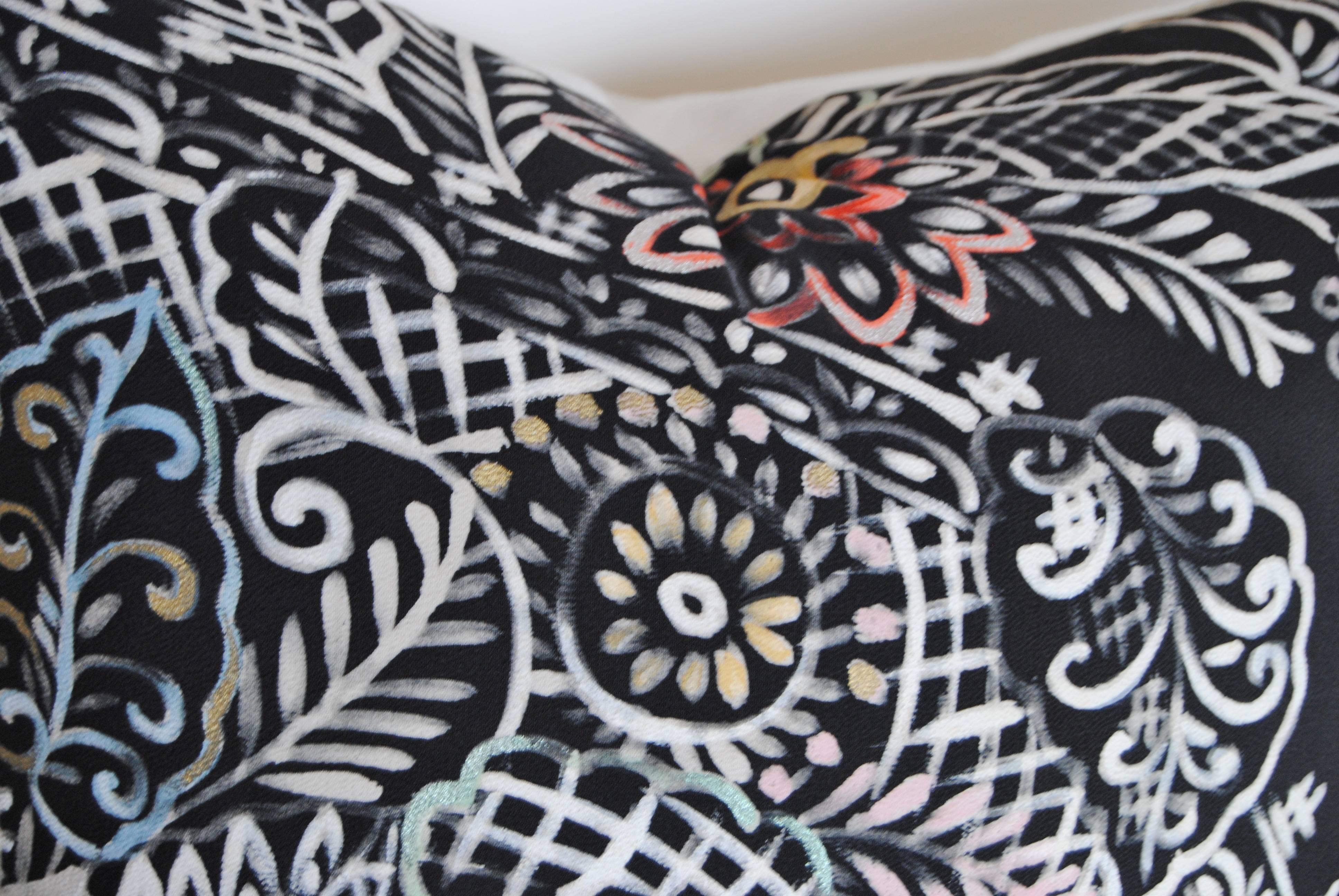 Custom Pillow Cut from a Vintage Hand-Painted Japanese Black Silk Kimono In Excellent Condition For Sale In Glen Ellyn, IL