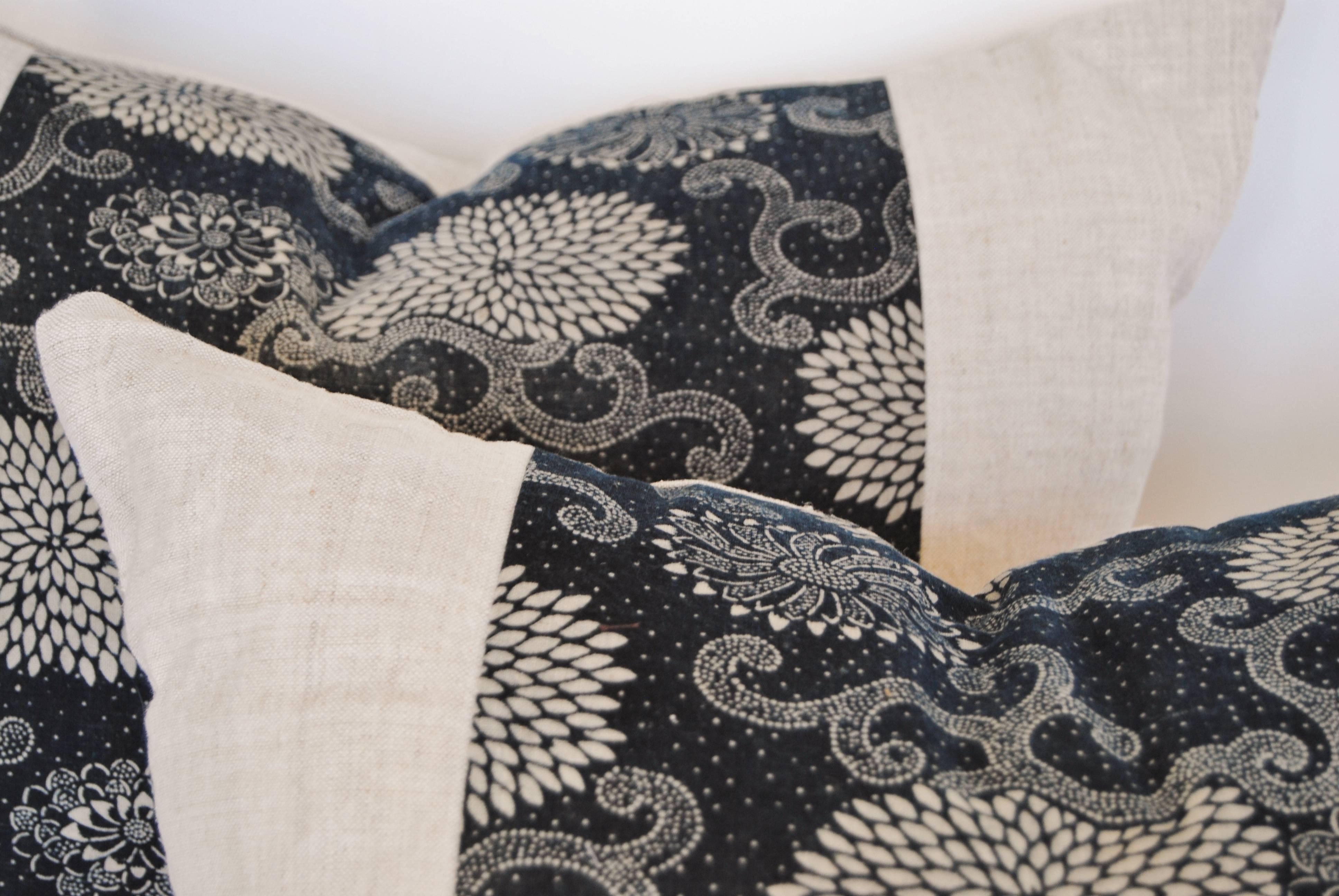 20th Century Custom Pair of Pillows Cut from an Antique Japanese Indigo Katazome Textile For Sale