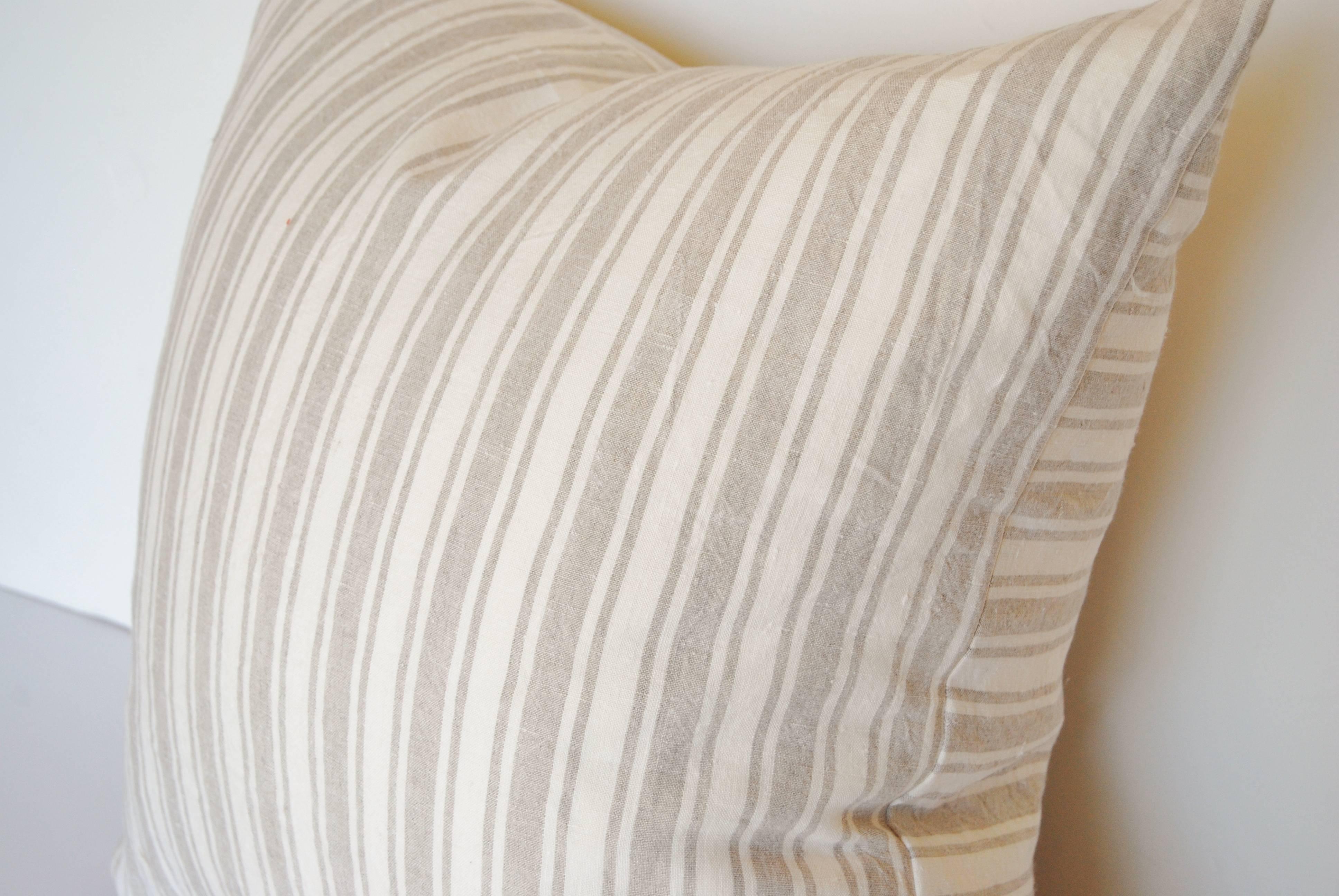 Custom Pillows Cut from a Vintage French Linen Stripe Textile In Excellent Condition In Glen Ellyn, IL