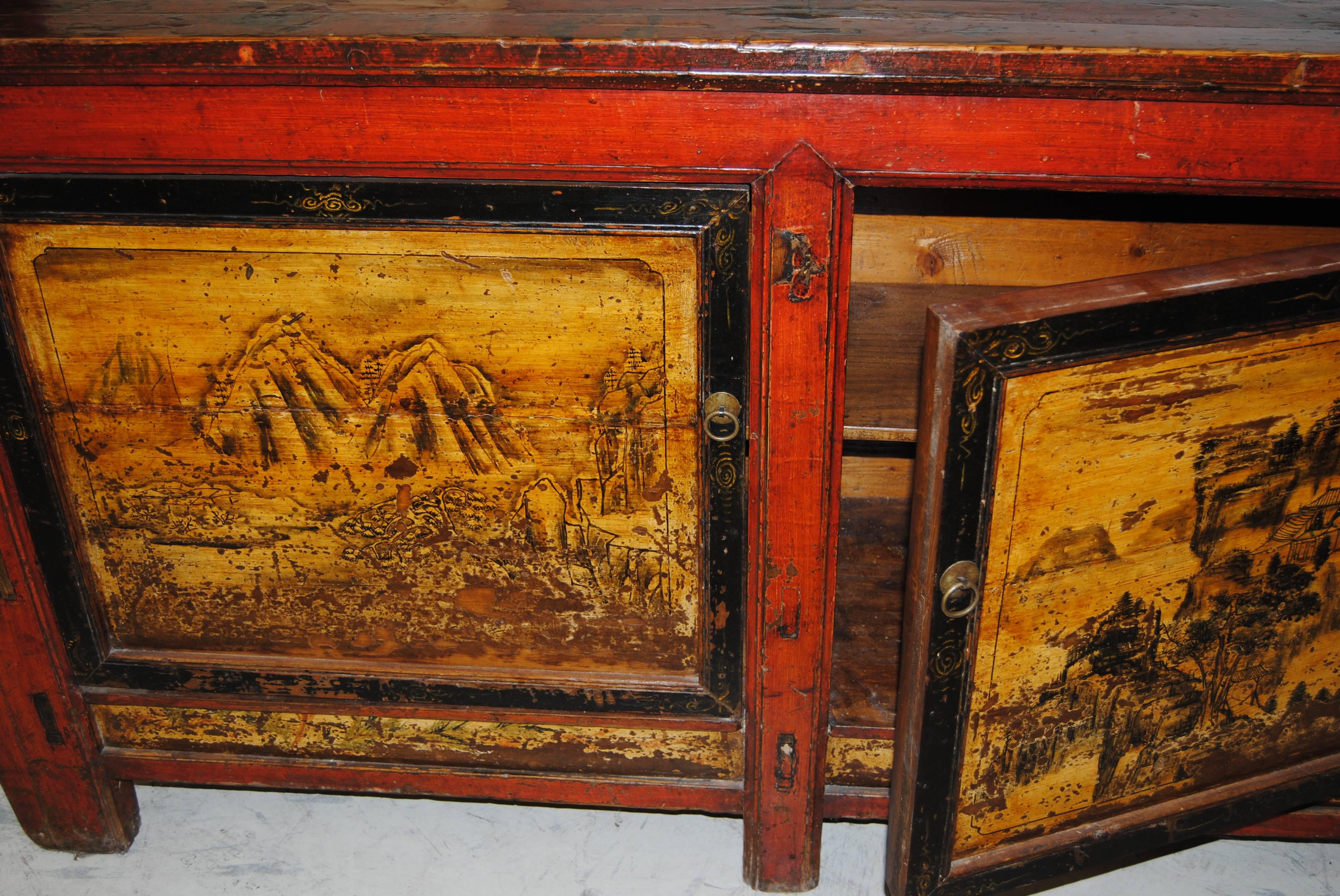 Wood 19th Century Chinese Cabinet w/ All Original Folk Motif Designs and Lacquer