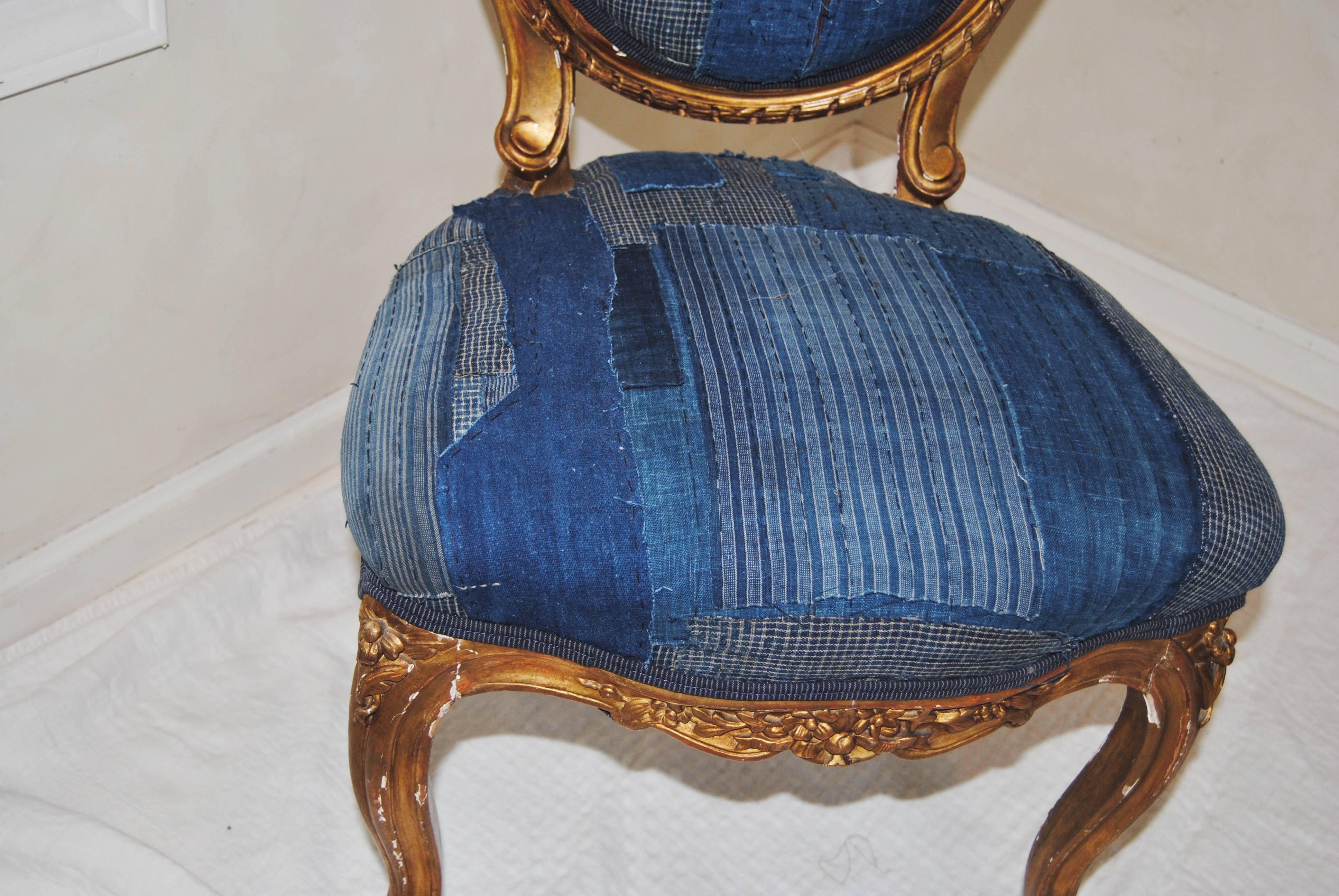 Bohemian Antique French Gilt Chair Upholstered in an Antique Japanese Indigo Boro Textile For Sale