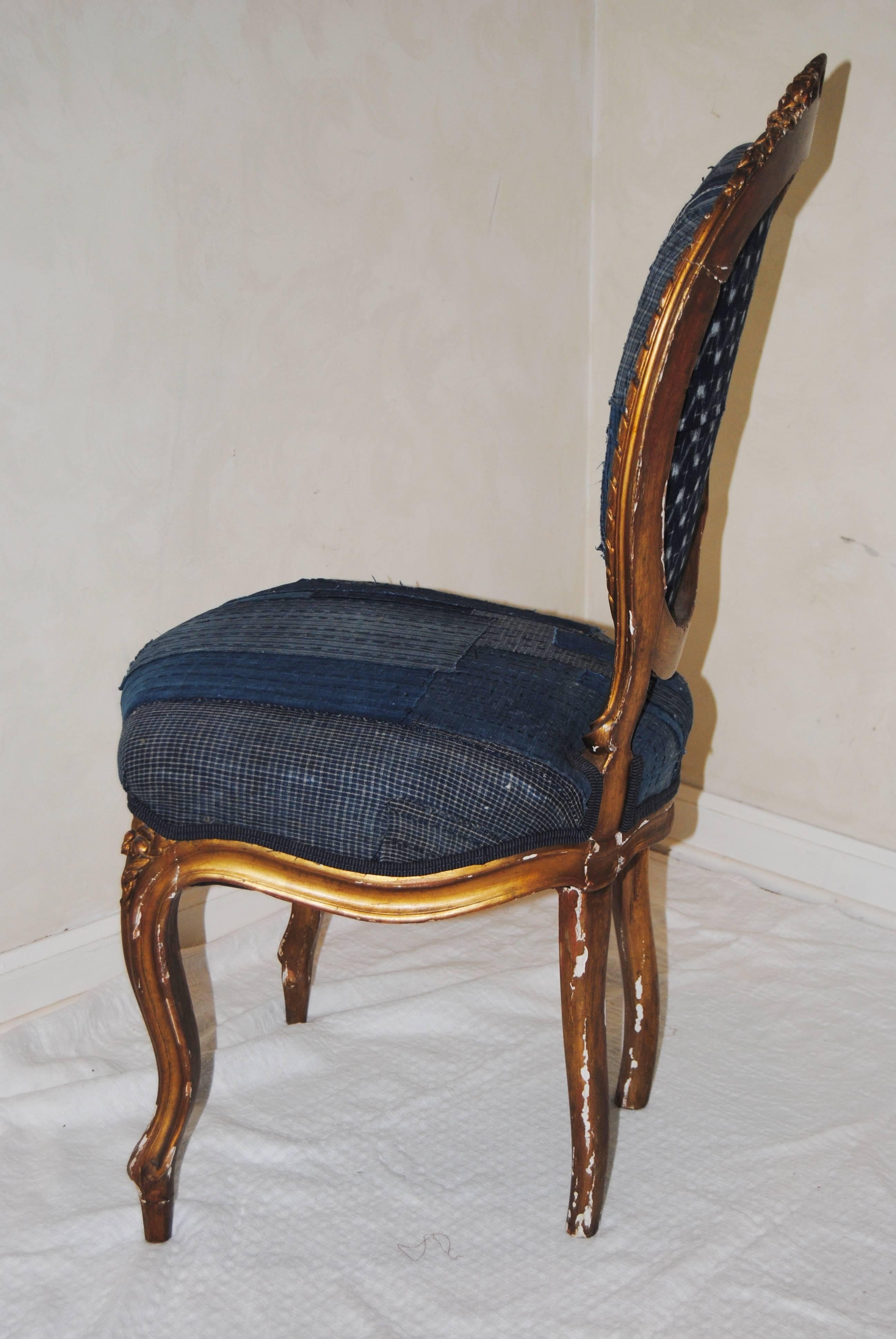 19th Century Antique French Gilt Chair Upholstered in an Antique Japanese Indigo Boro Textile For Sale