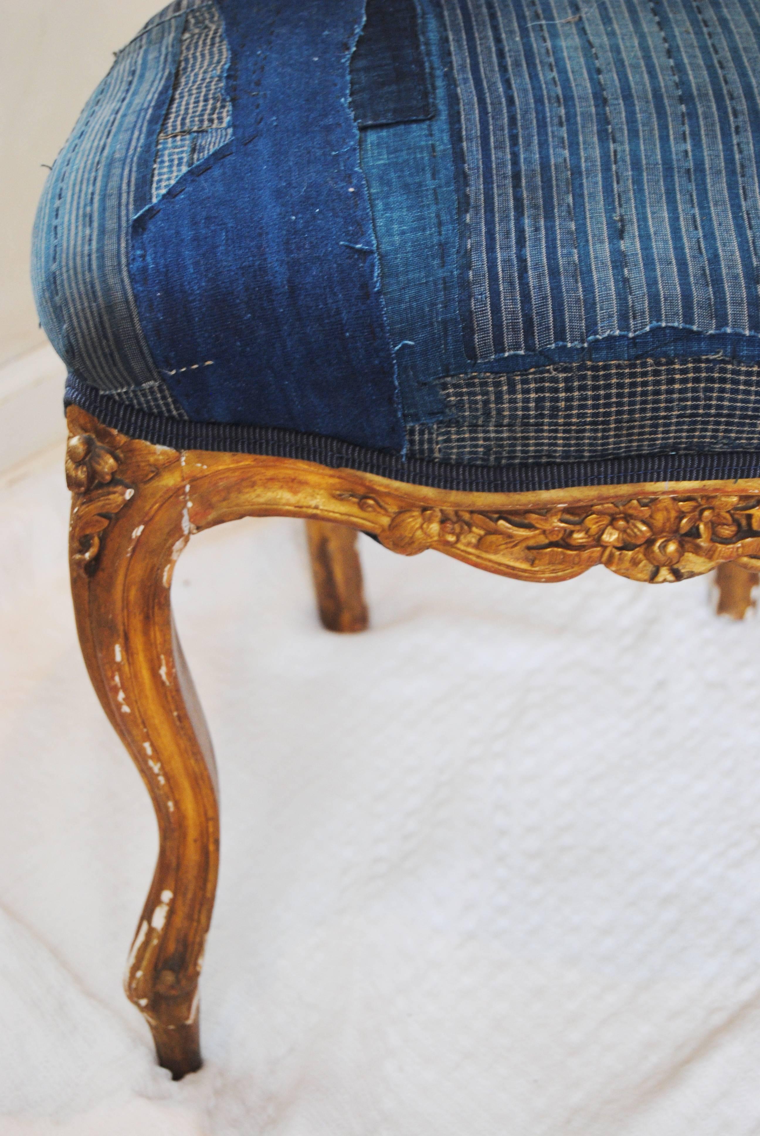 Cotton Antique French Gilt Chair Upholstered in an Antique Japanese Indigo Boro Textile For Sale