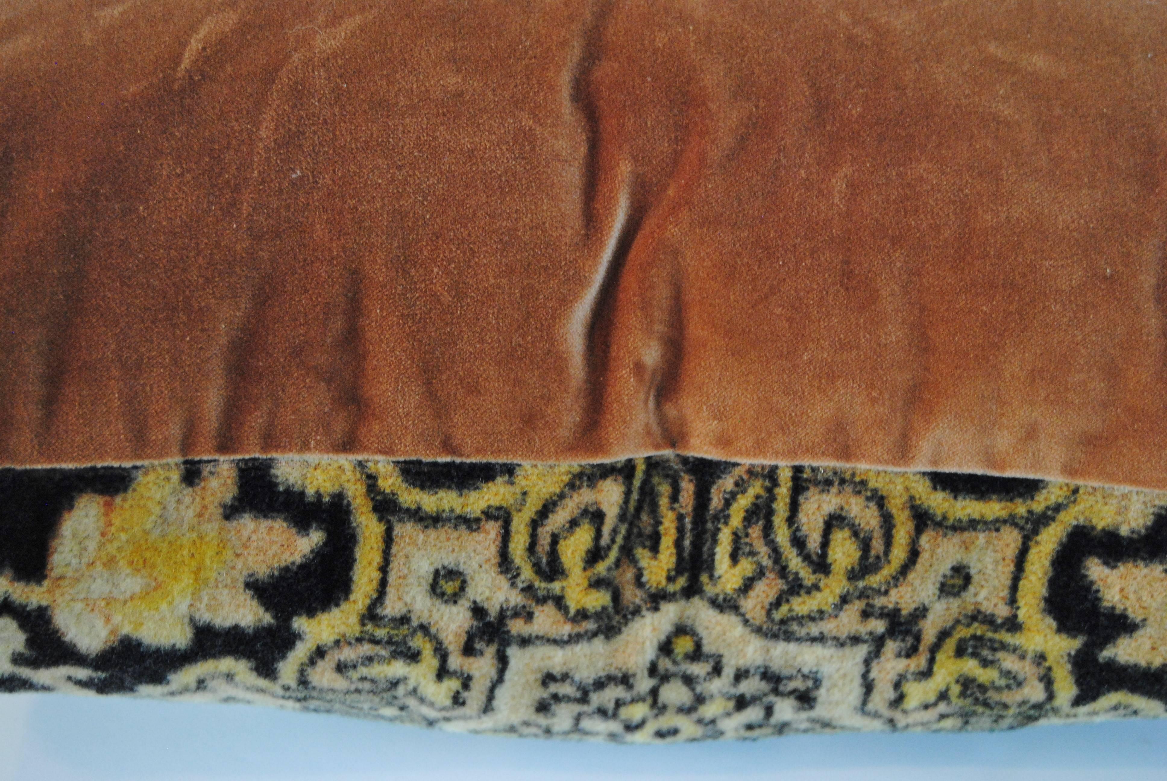 Custom pillow cut from an antique mohair textile from the Netherlands. Pattern resembles an oriental rug and it was traditionally used over a dining table. The pillow is backed in a mustard velvet, filled with a 100% down insert and hand-sewn