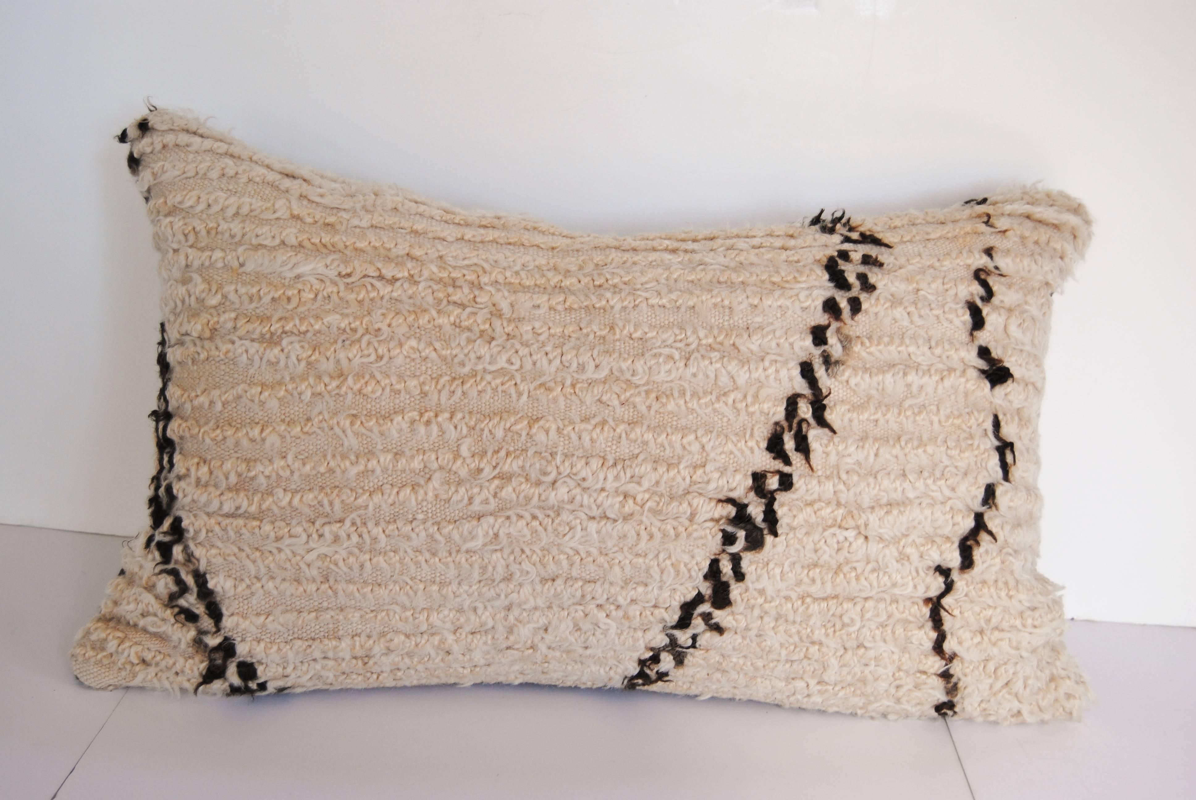 Hand-Knotted Custom Pillow cut from a Vintage Beni Ouarain Moroccan Handloomed Wool Rug For Sale