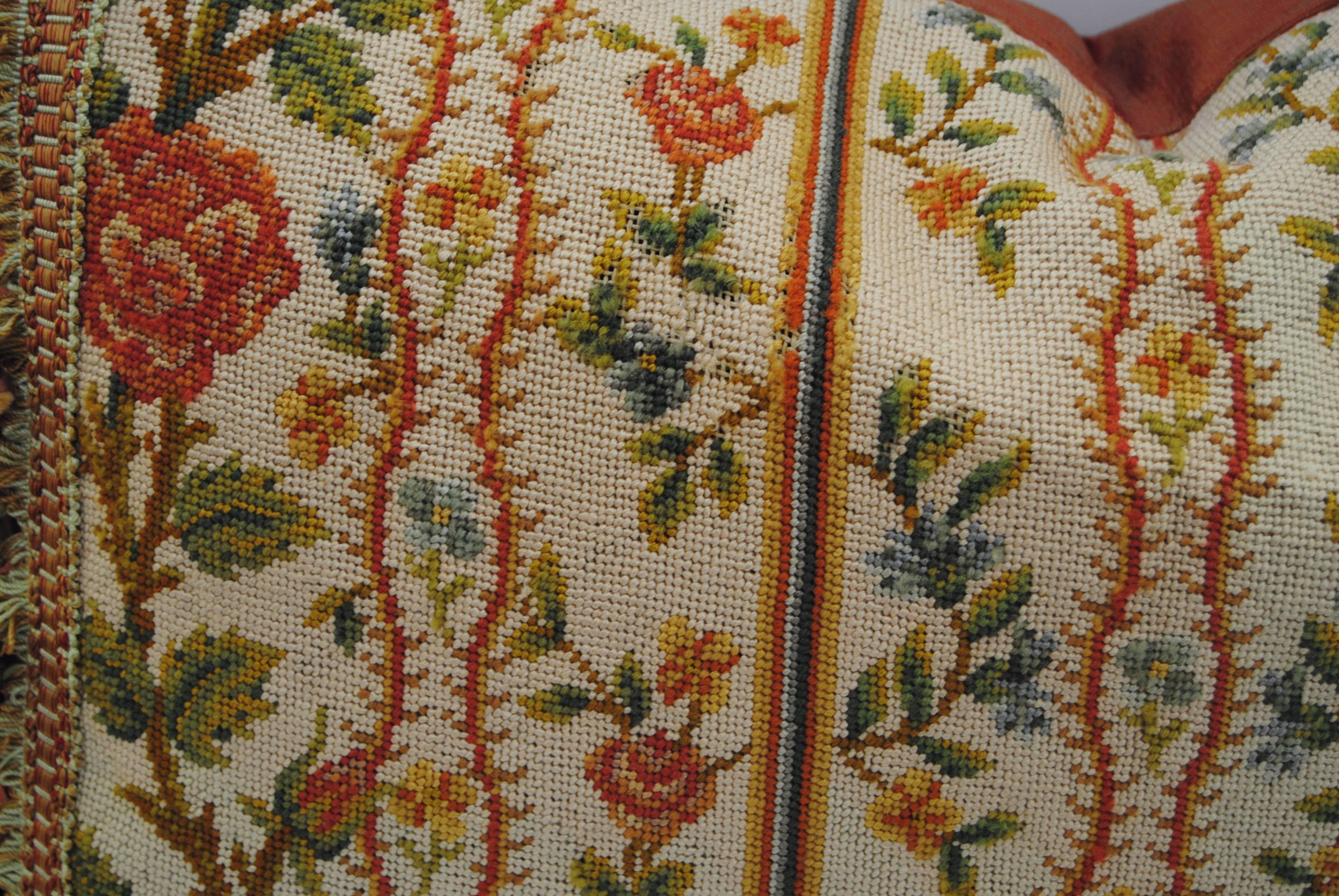 Antique French Needlepoint Pillow, Silk and Wool, Late 19th Century In Good Condition For Sale In Glen Ellyn, IL