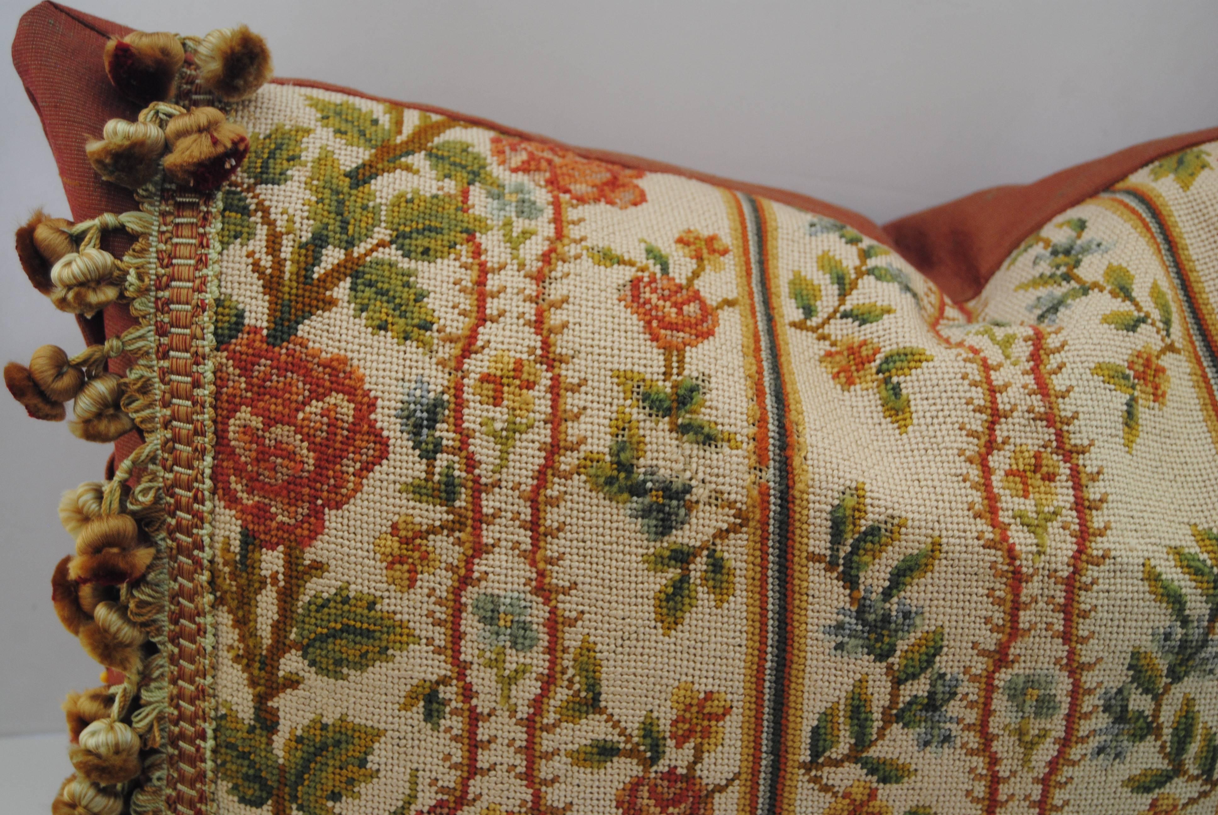 Antique French Needlepoint Pillow, Silk and Wool, Late 19th Century For Sale 2