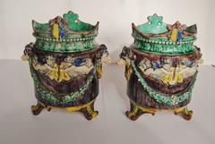 Pair of Antique French Majolica Cache Pots, Rams & Cherubs