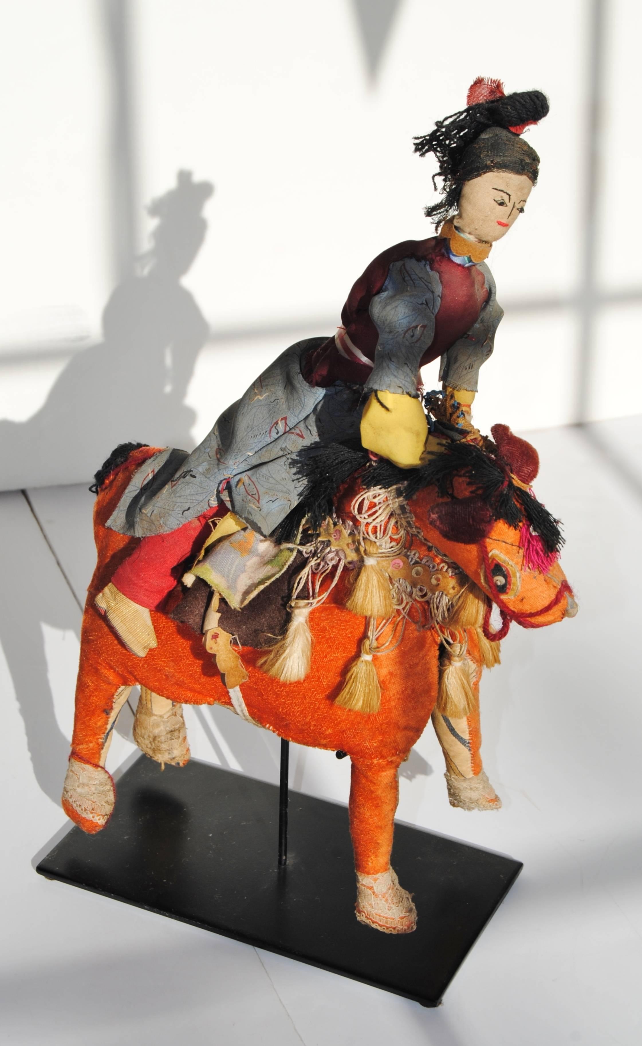 Fabric Chinese Folk Art Woman with Horse, Handcrafted from Assorted Trims and Textiles For Sale