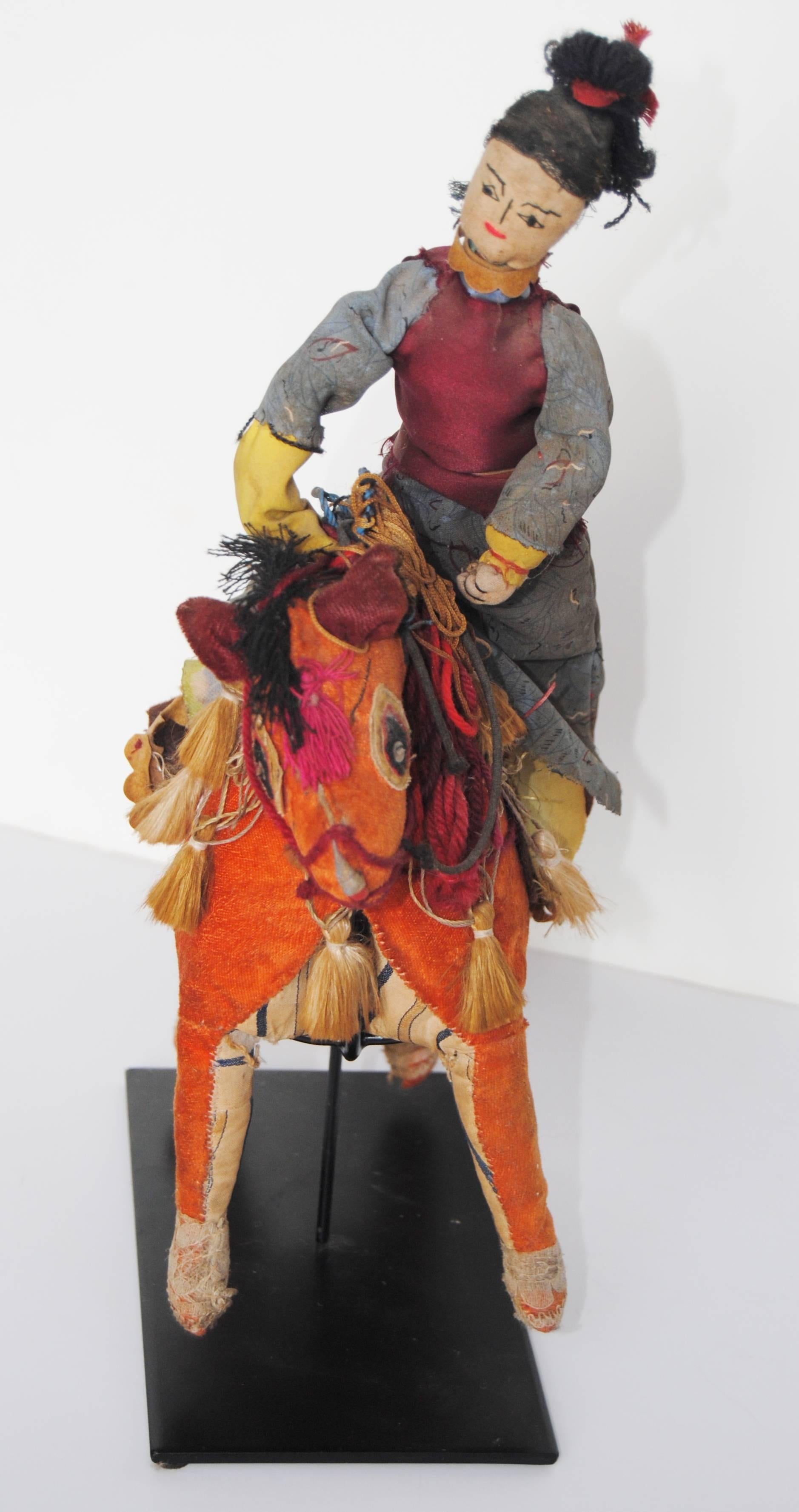 Chinese Folk Art Woman with Horse, Handcrafted from Assorted Trims and Textiles For Sale 2