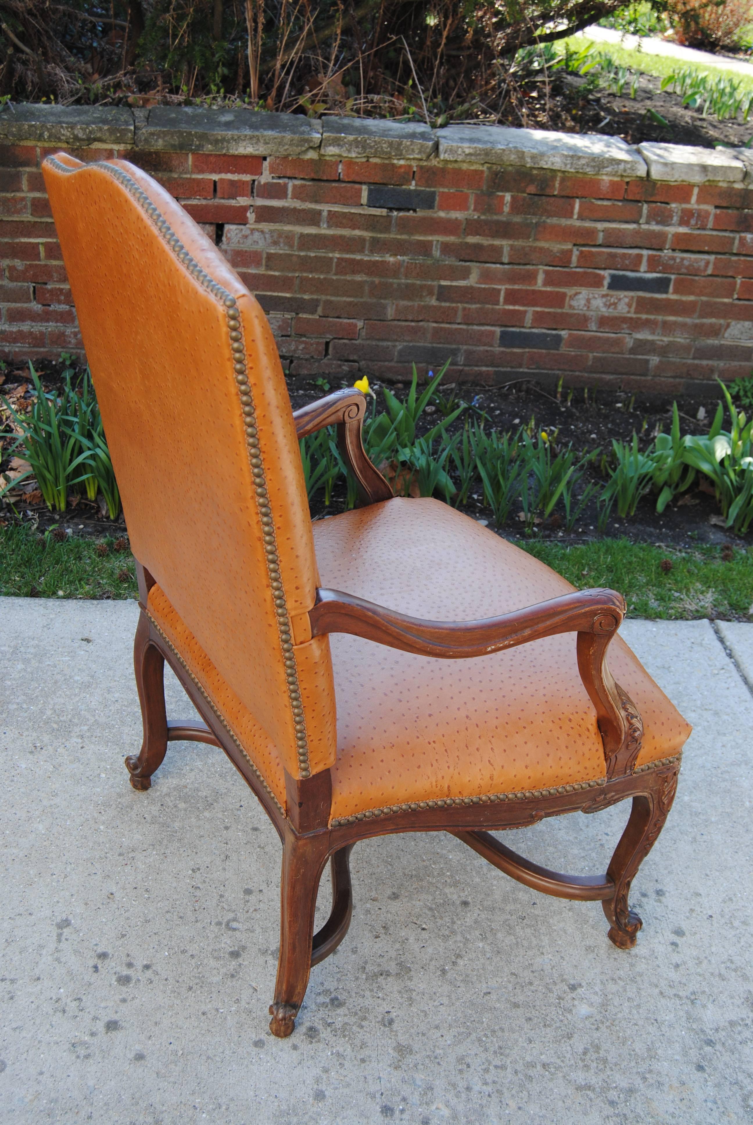 Vintage French Fauteuil Newly Upholstered in Edelman Faux Ostrichleather In Excellent Condition For Sale In Glen Ellyn, IL