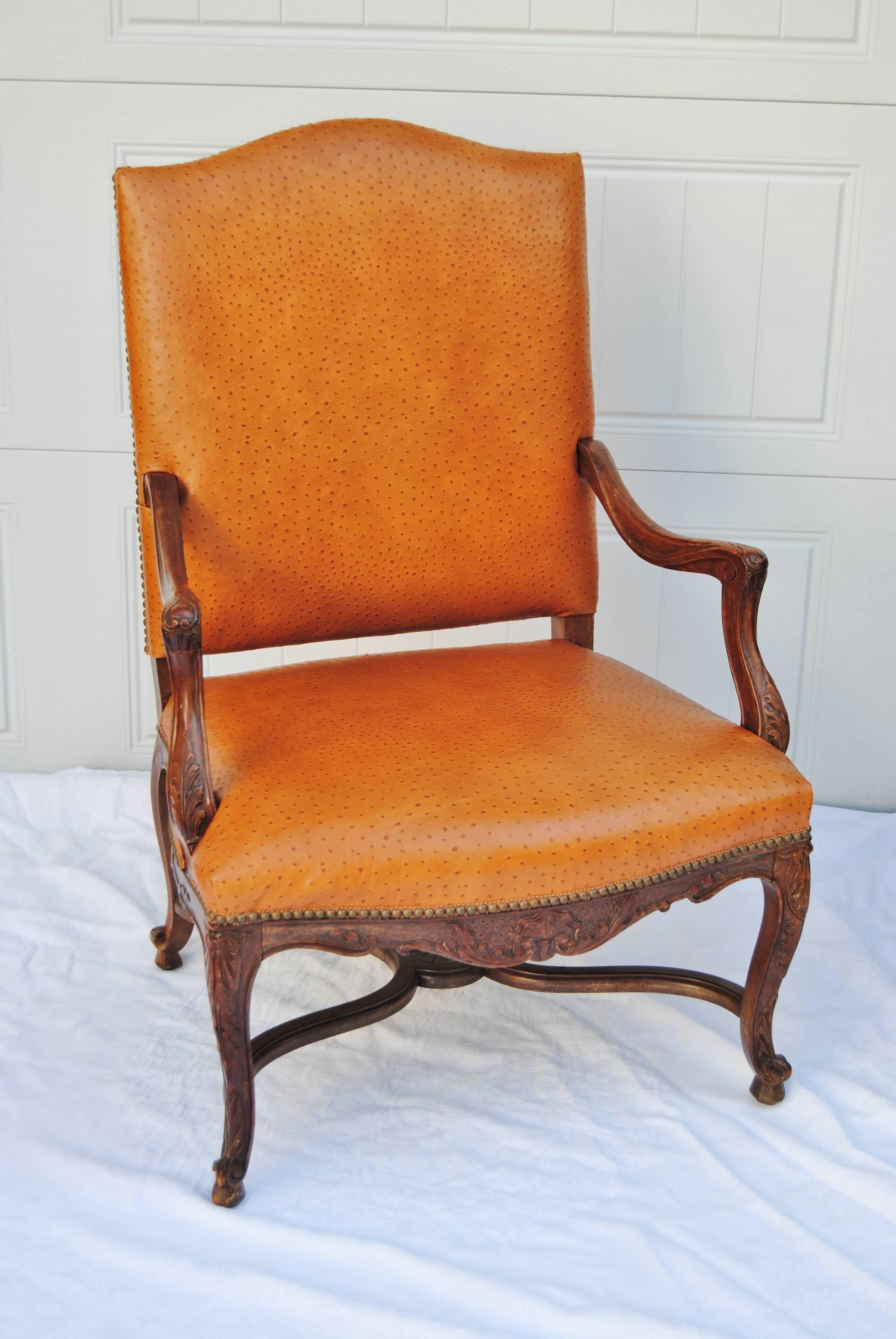 Leather Vintage French Fauteuil Newly Upholstered in Edelman Faux Ostrichleather For Sale