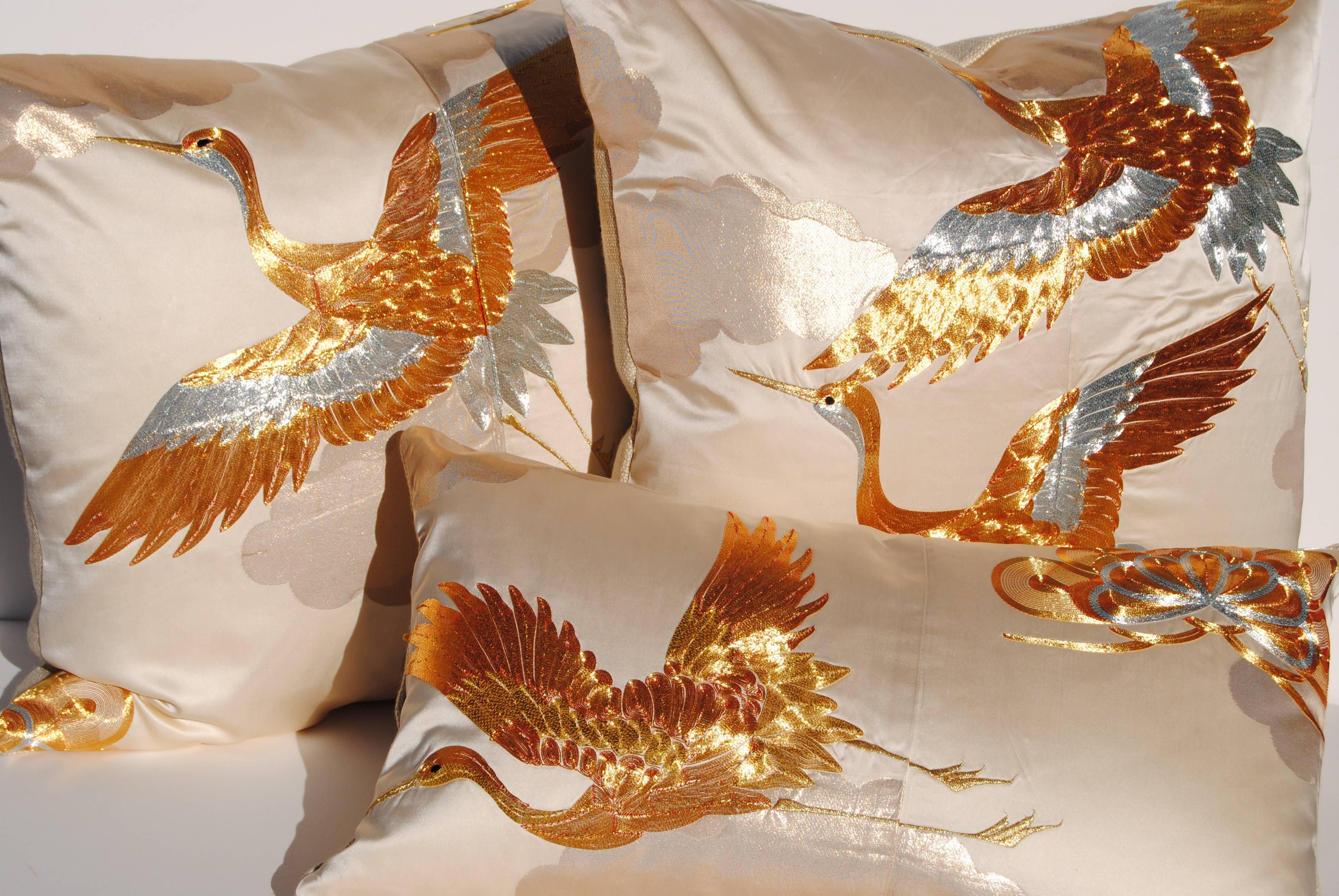 20th Century Custom Pillow Cut from a Vintage Embroidered Japanese Silk Wedding Kimono For Sale
