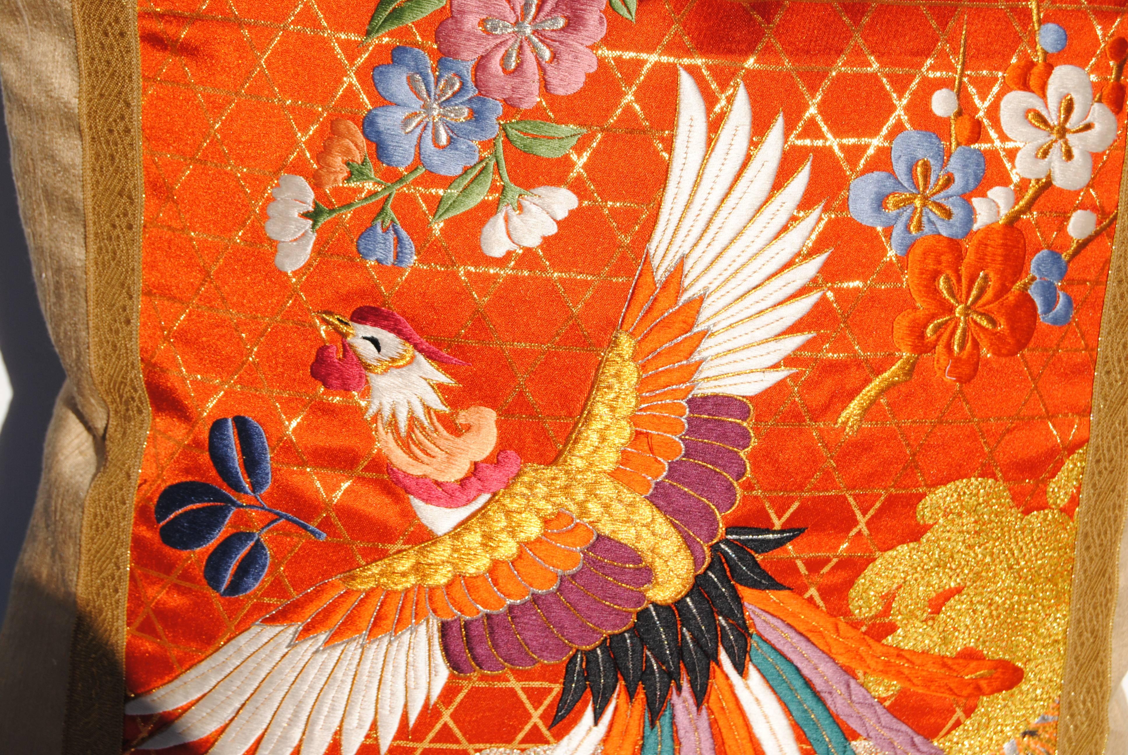 Custom Pillow Cut from a Silk Embroidered Japanese Wedding Kimono In Excellent Condition For Sale In Glen Ellyn, IL