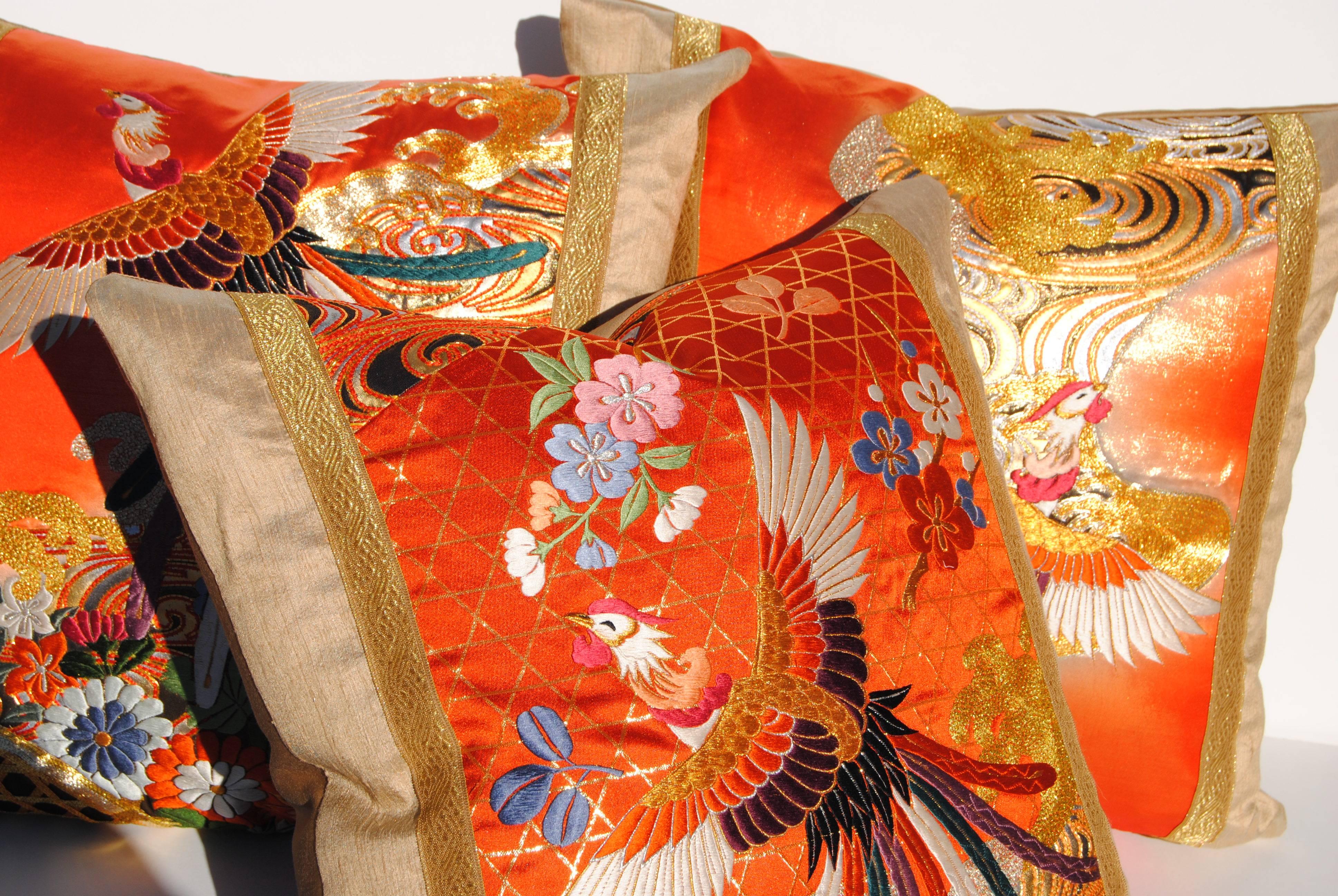 20th Century Custom Pillow Cut from a Silk Embroidered Japanese Wedding Kimono For Sale