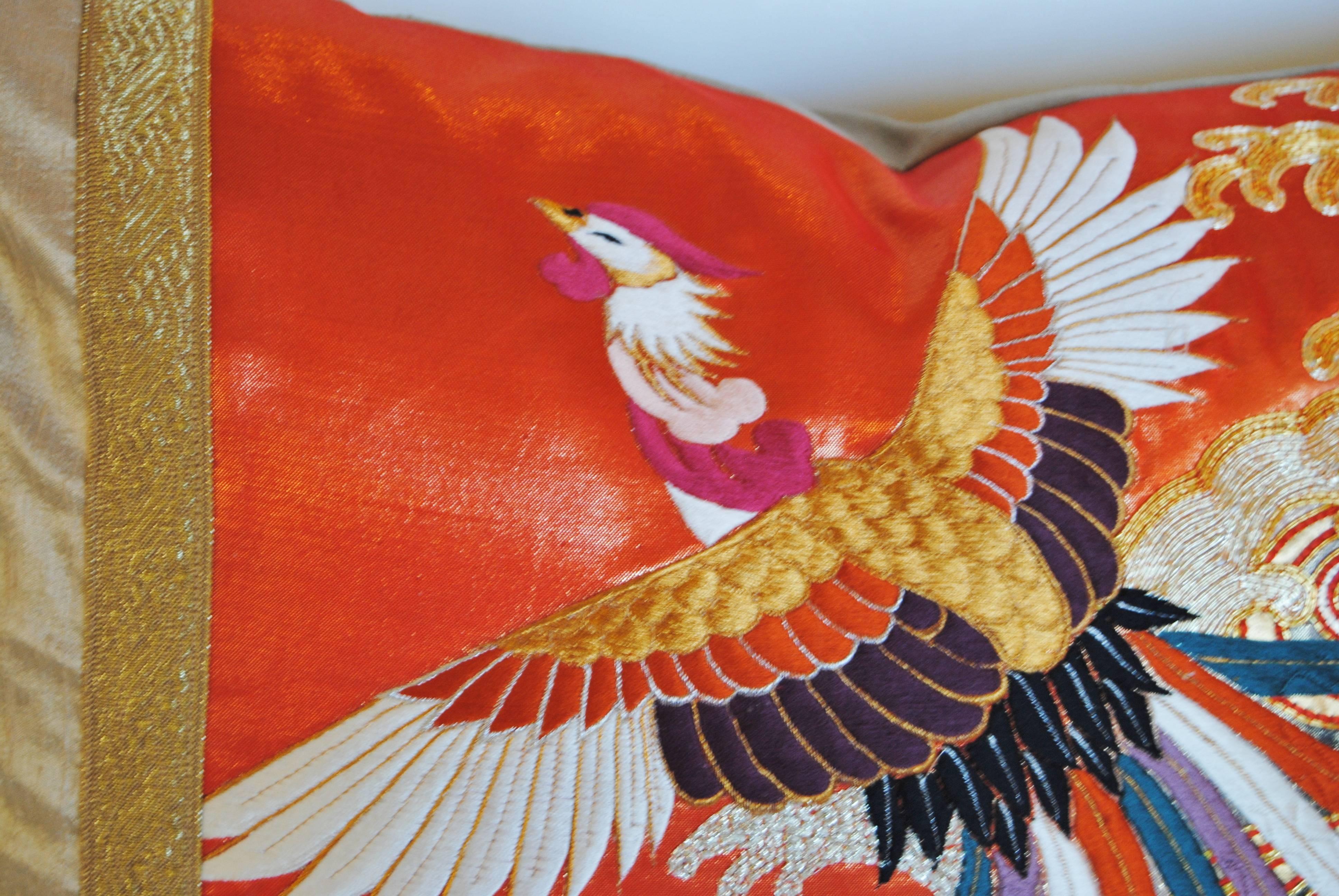 Custom Pillow Cut from a Vintage Japanese Silk Embroidered Wedding Kimono In Excellent Condition For Sale In Glen Ellyn, IL