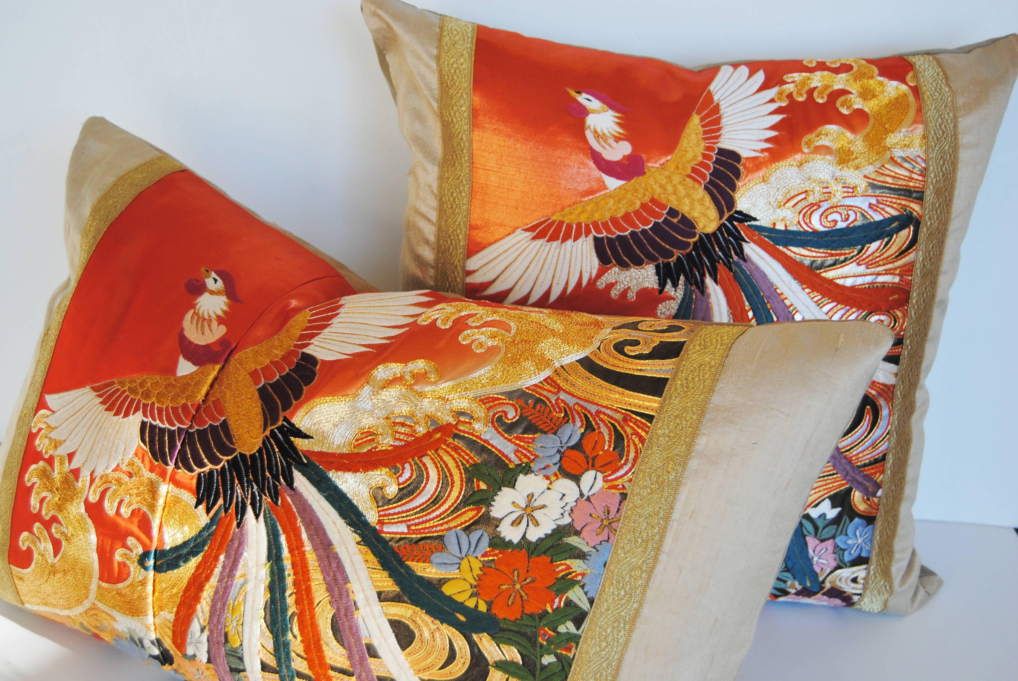 Custom Pillow Cut from a Vintage Japanese Silk Embroidered Wedding Kimono For Sale 3