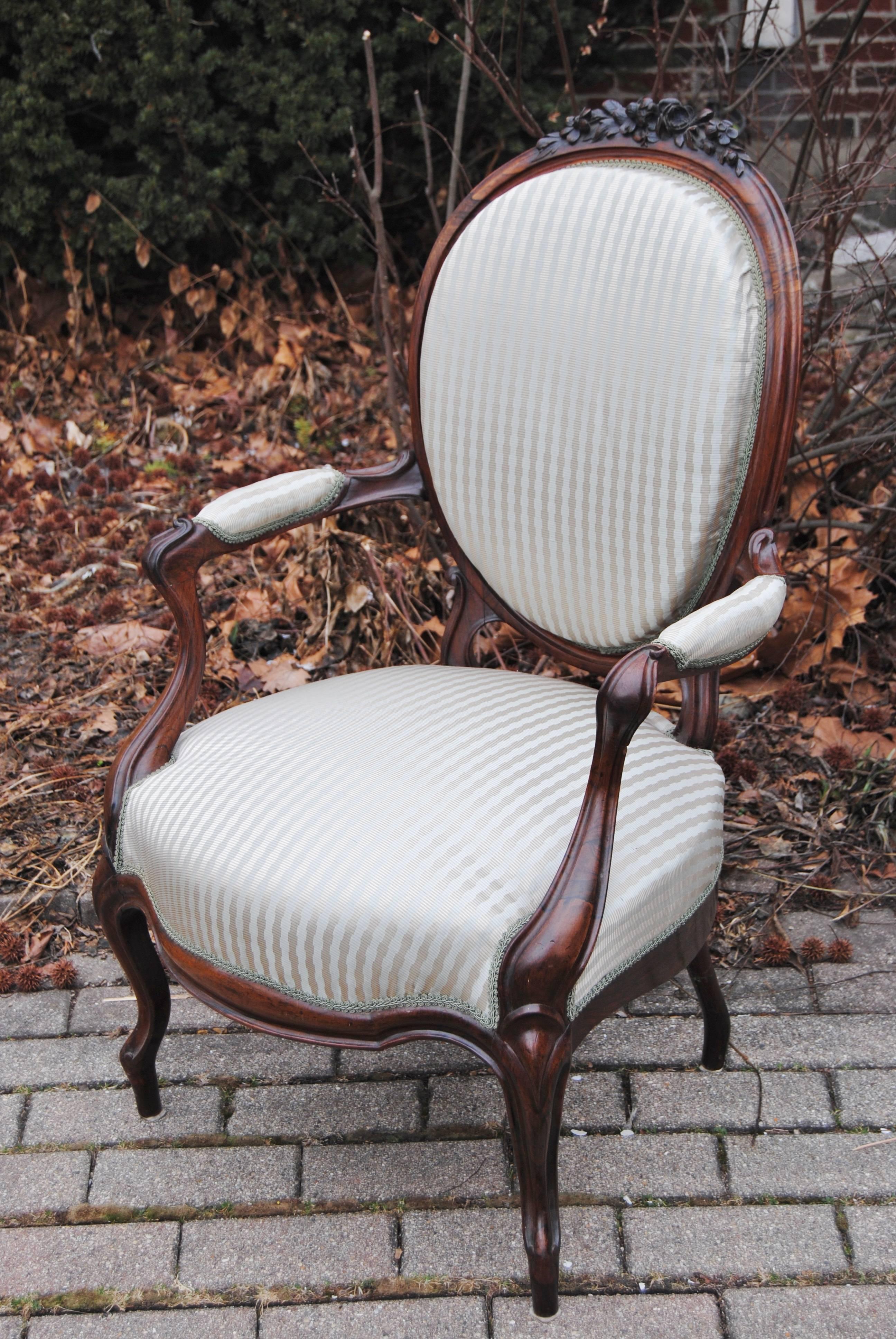 Danish Antique European Rosewood Chair, Newly Upholstered in Scalamandre Silk Stripe For Sale