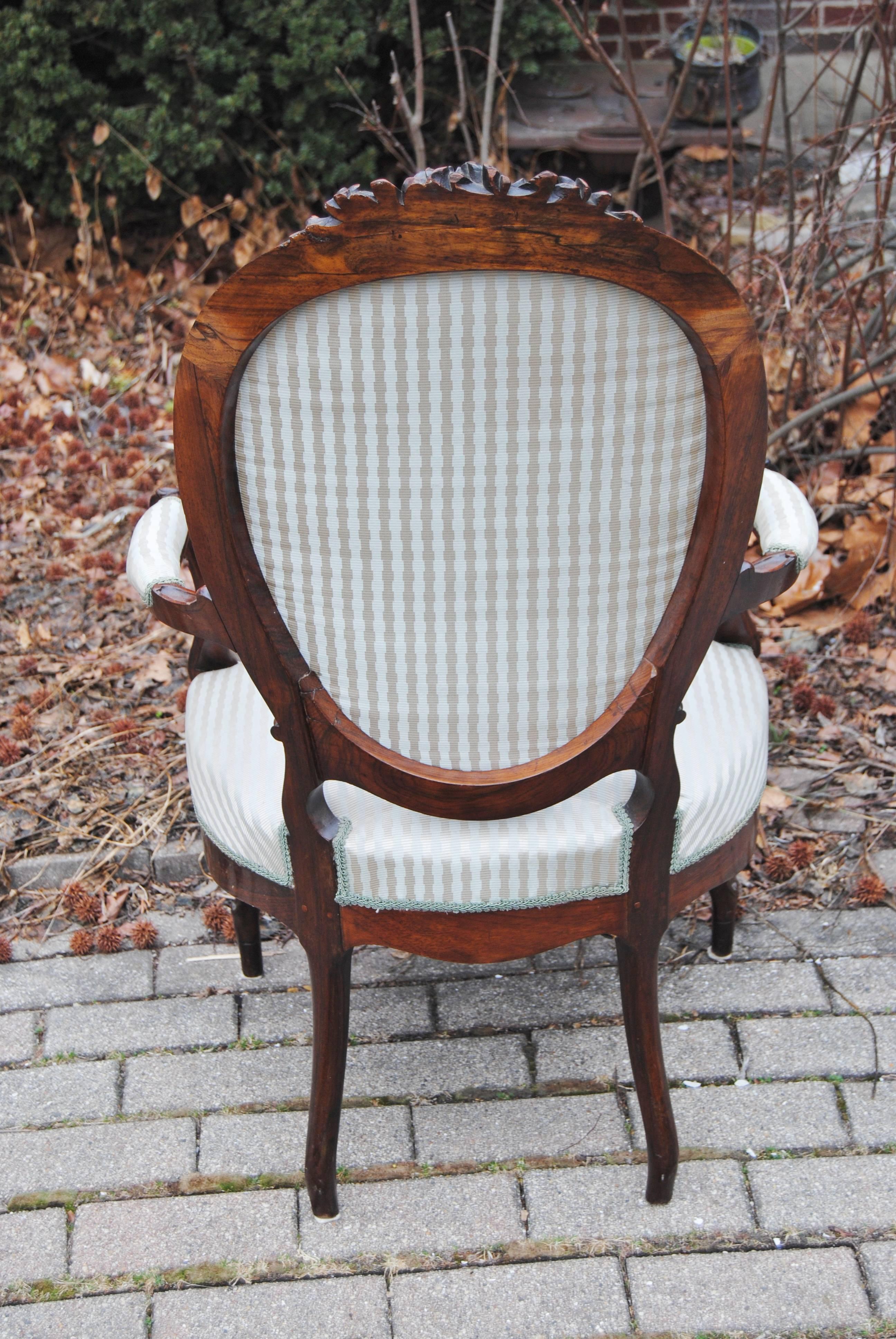 Antique European Rosewood Chair, Newly Upholstered in Scalamandre Silk Stripe In Good Condition For Sale In Glen Ellyn, IL