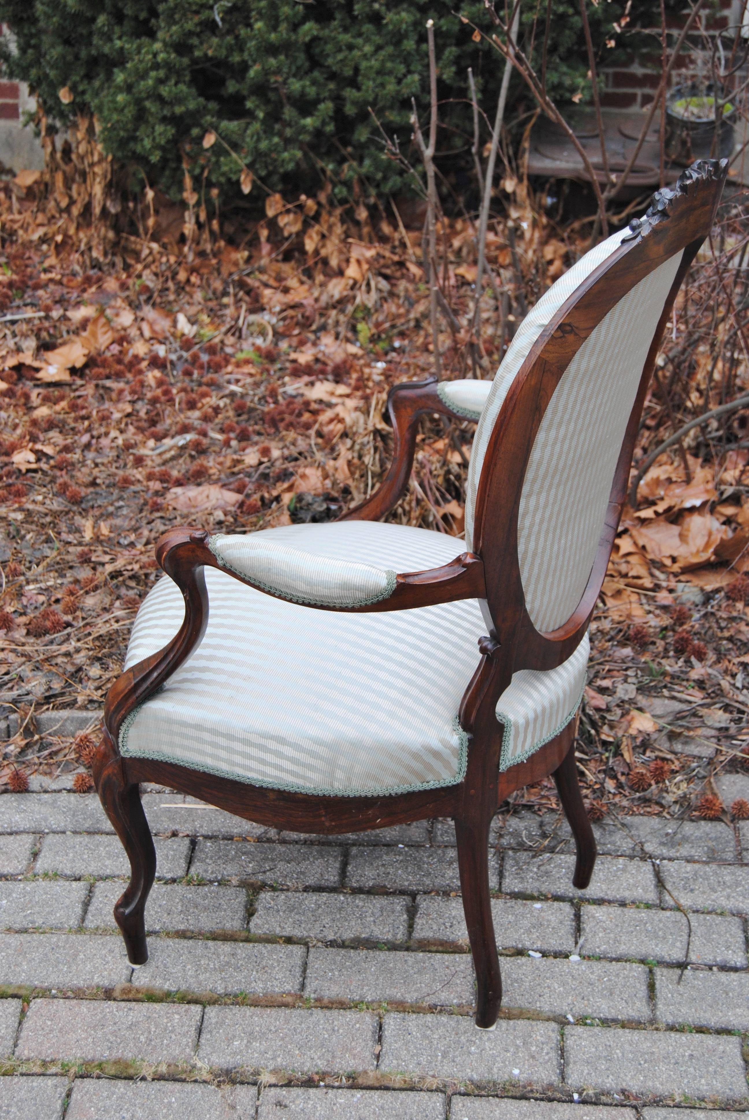 19th Century Antique European Rosewood Chair, Newly Upholstered in Scalamandre Silk Stripe For Sale