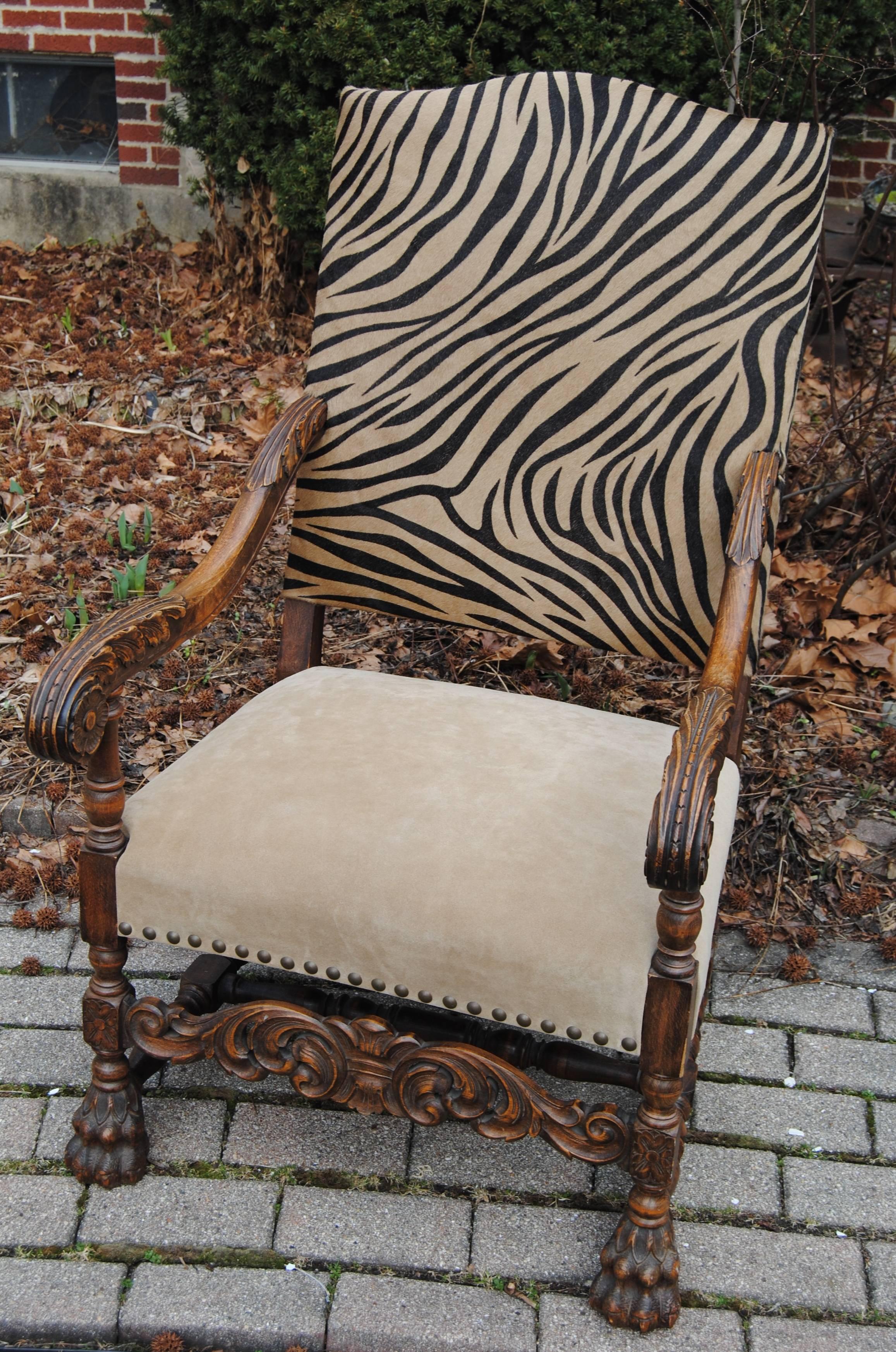 Leather Antique European Armchair Newly Upholstered in Edelman Faux Zebra  Cowhide For Sale