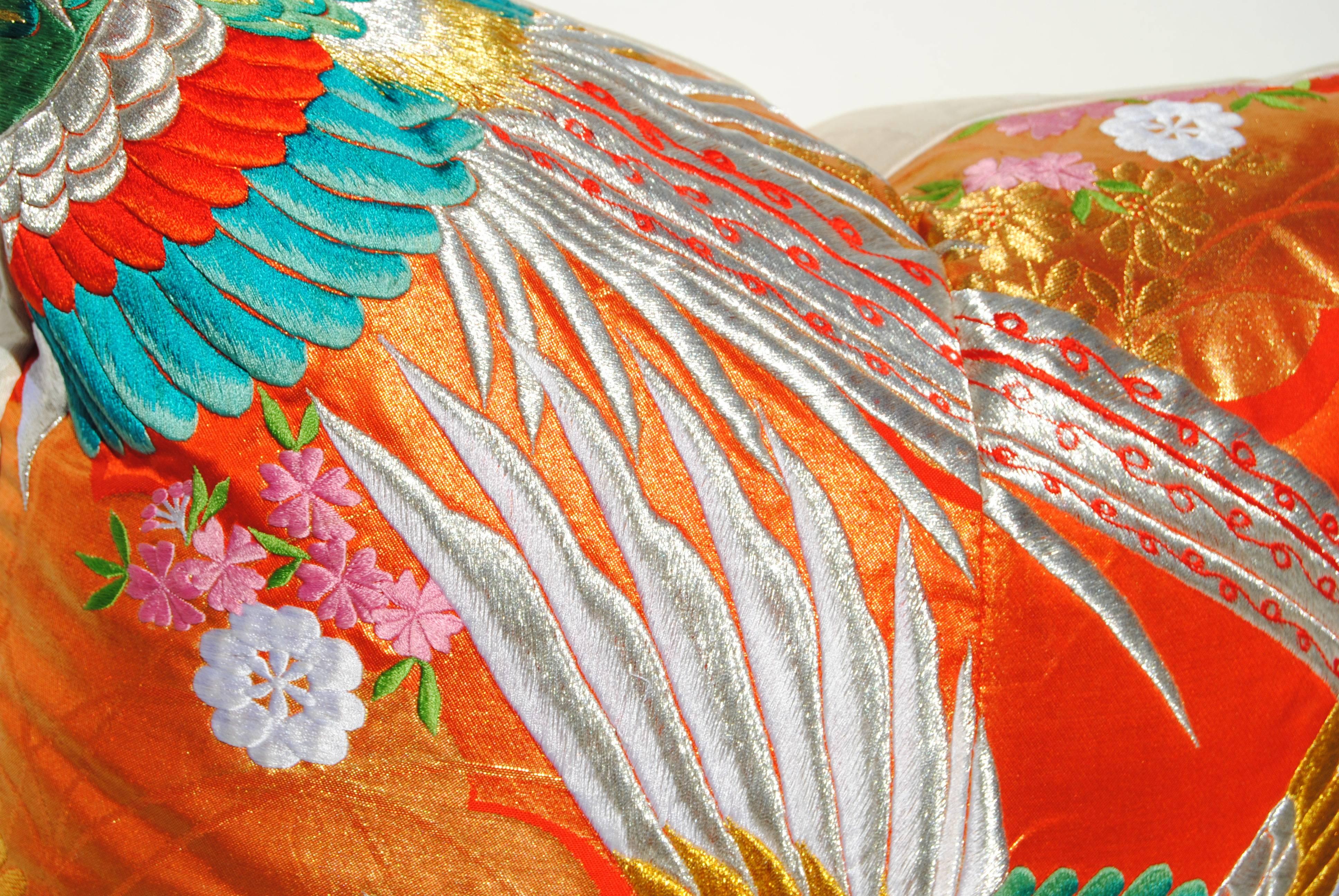 20th Century Custom Pillow Cut from a Japanese Silk Embroidered Uchikake Wedding Kimono