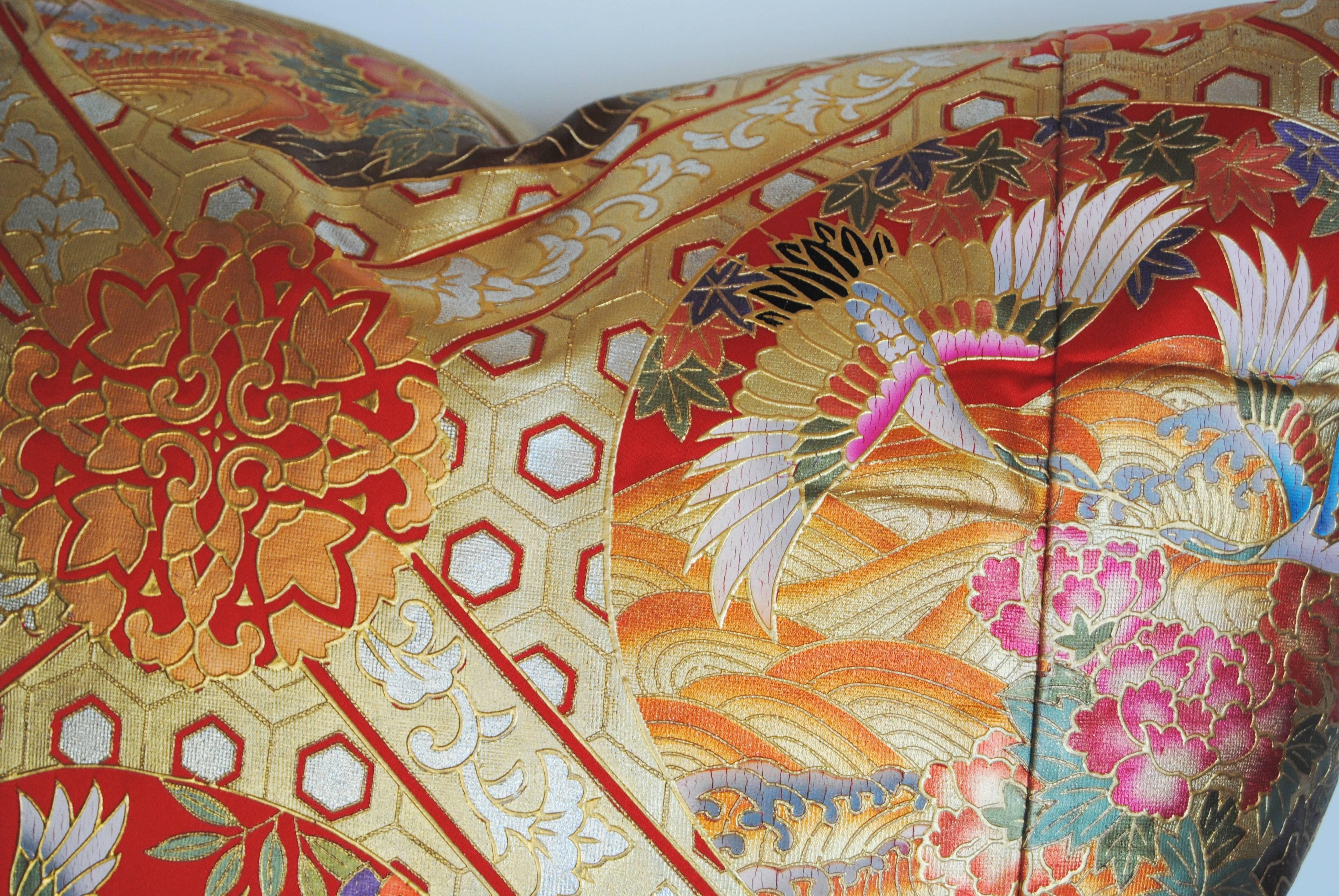 20th Century Custom Pillow Cut from a Japanese Silk Hand-Painted Uchikake Wedding Kimono For Sale