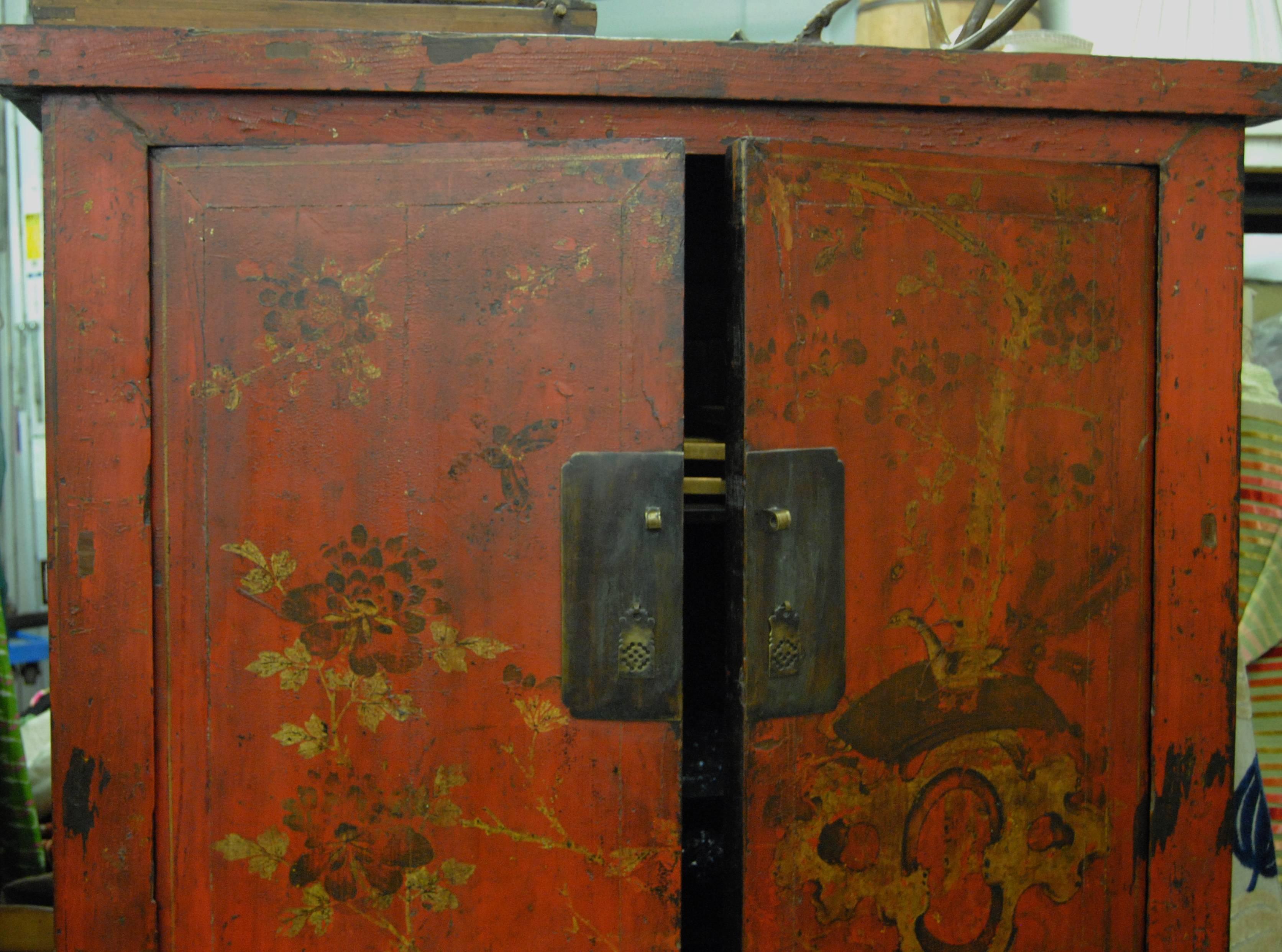 Wood Antique Chinese Red Wedding Cabinet with Original Lacquer, Shanxi Province